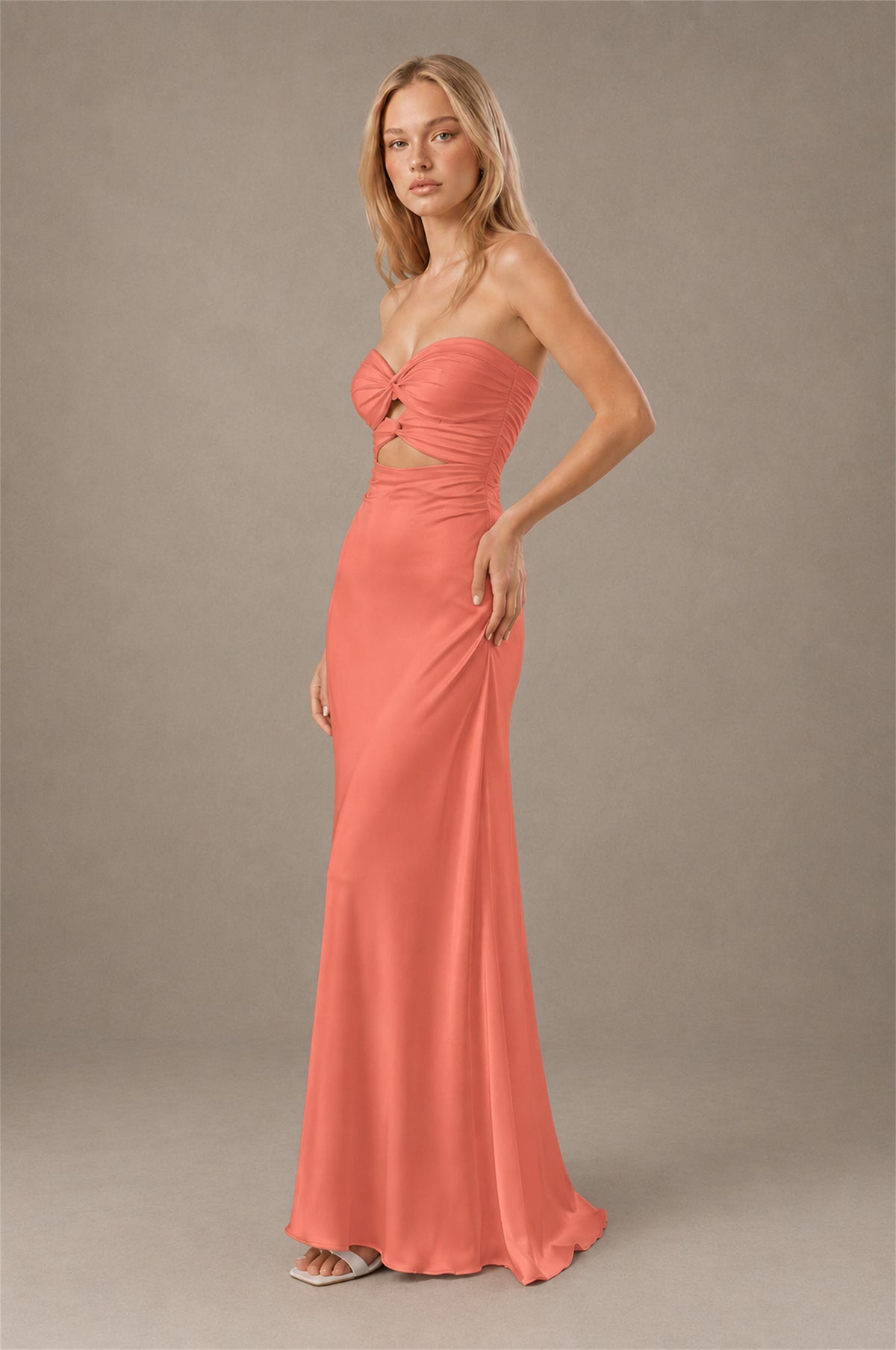 BOLODOO Coral Sweetheart Strapless Twist Knot Cutout Lace-Up Back Satin Mermaid Maxi Dress - Coral - Coral (3)