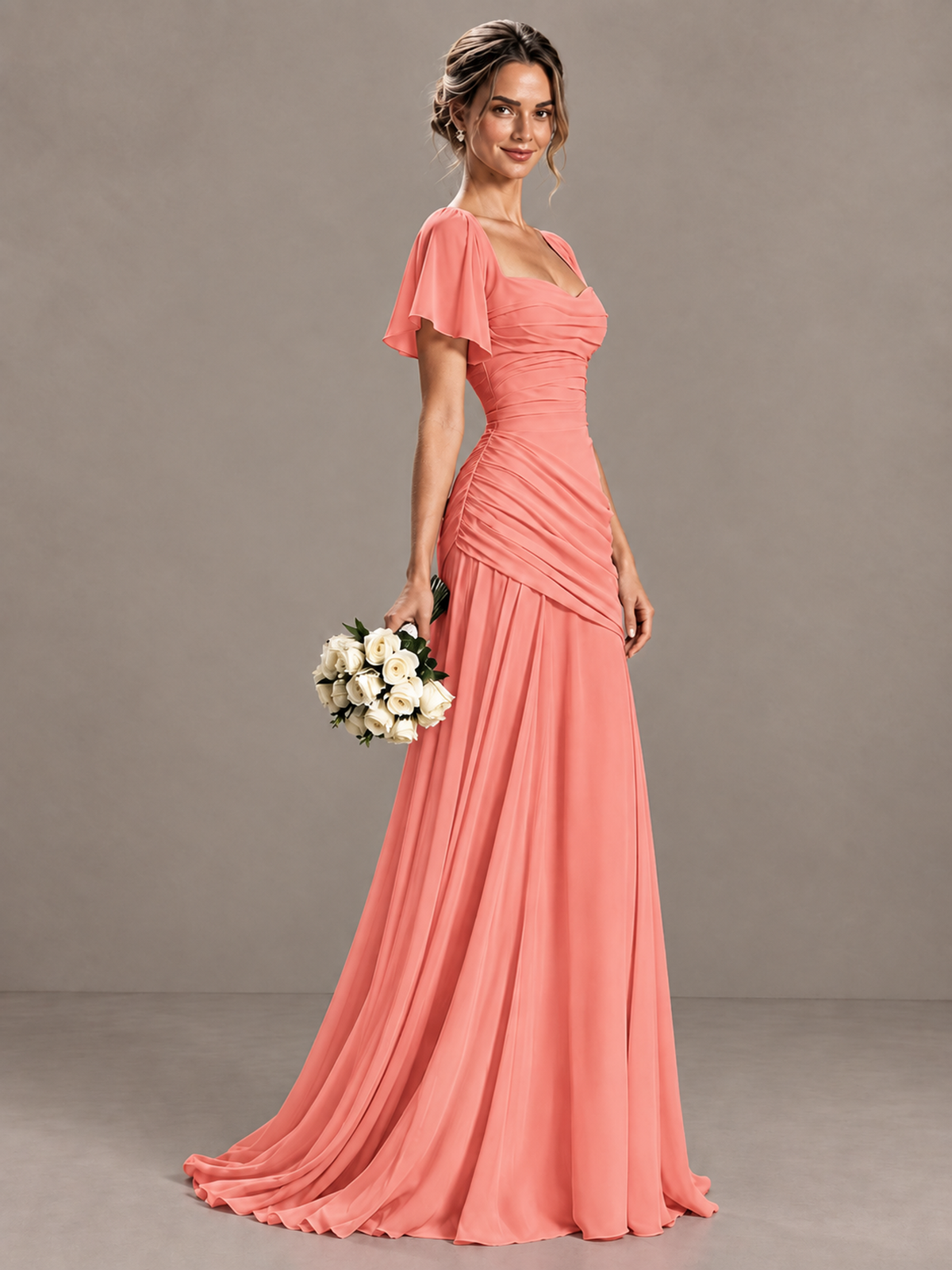 BOLODOO Coral Flutter Sleeve Lace-Up Back Maxi Dress - Coral
