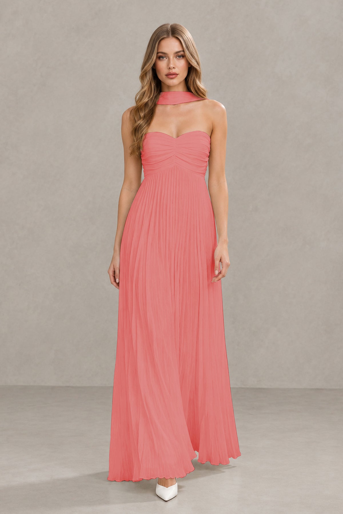 BOLODOO Coral Strapless Chiffon-Look Maxi Dress with Lace-Up Back & Cape - Coral