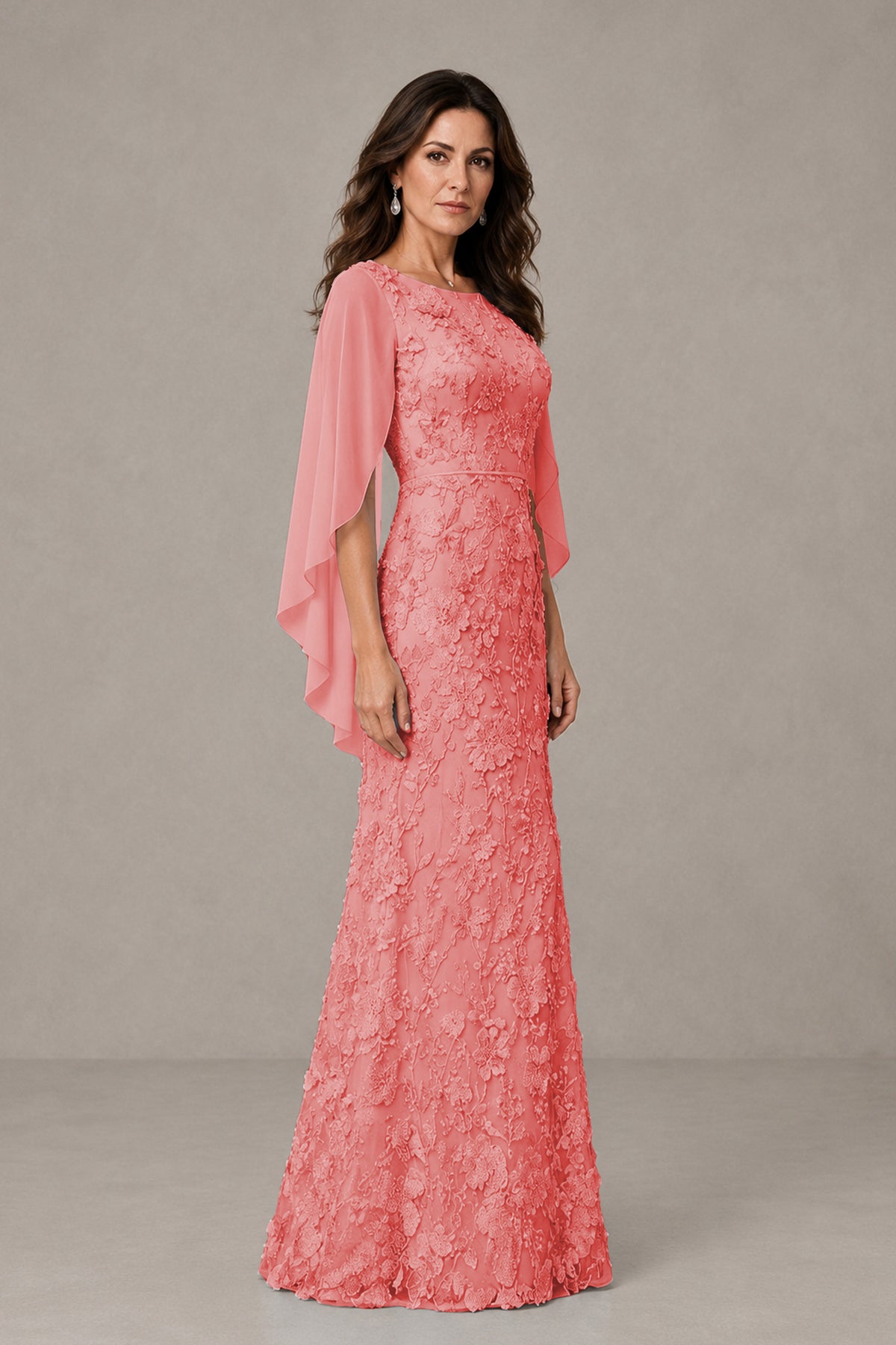 BOLODOO Coral Lace Mother of the Bride Dress with Cape Sleeves - Coral