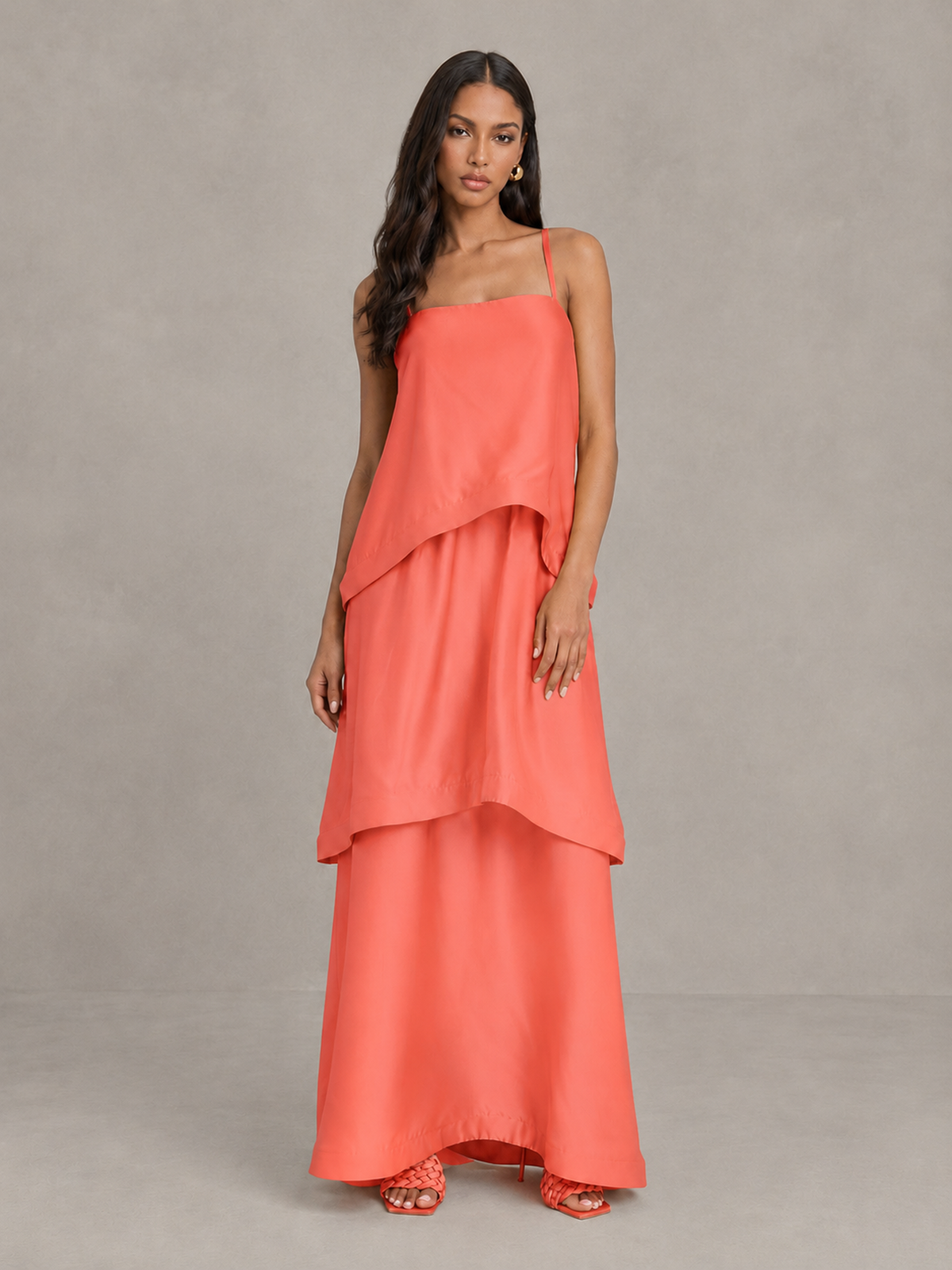 BOLODOO Coral Satin Tiered Maxi Dress with Spaghetti Straps - Coral