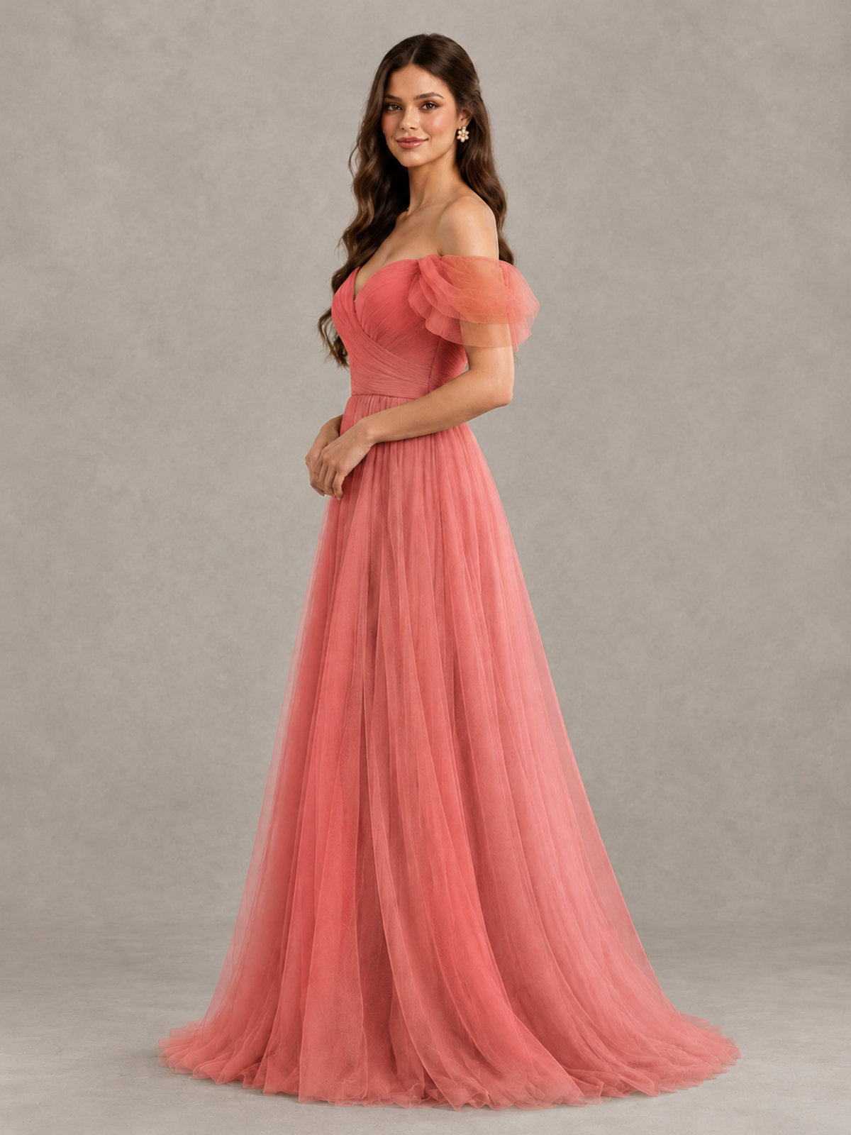 BOLODOO Coral Off-the-Shoulder Ruffle Sleeve A-Line Bridesmaid Dress - Coral - Coral (3)