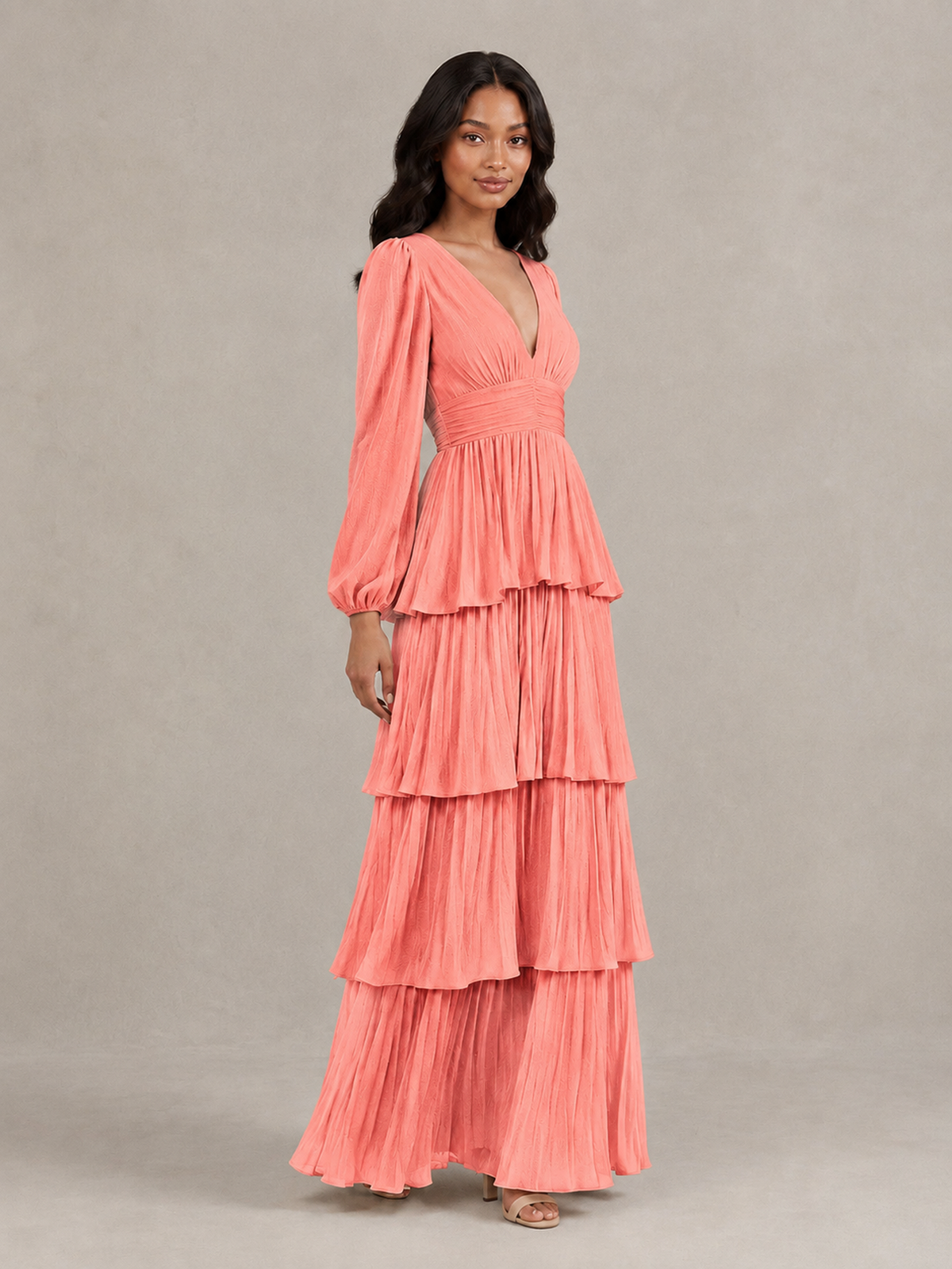 BOLODOO Coral Long-Sleeve Tiered Maxi Dress with Deep V-Neck - Coral