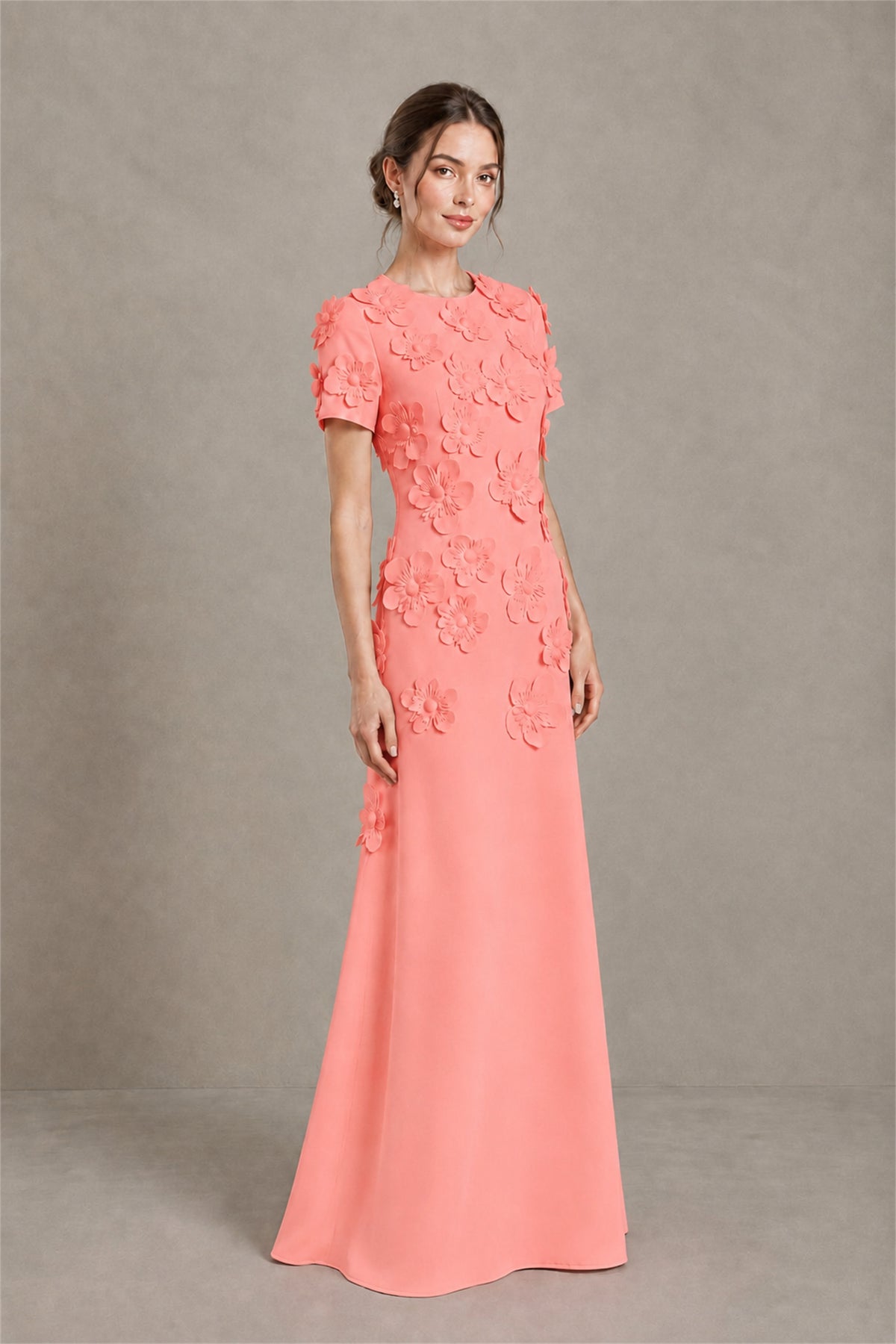 BOLODOO Coral Textured Floral Maxi Dress with Short Sleeves - Coral