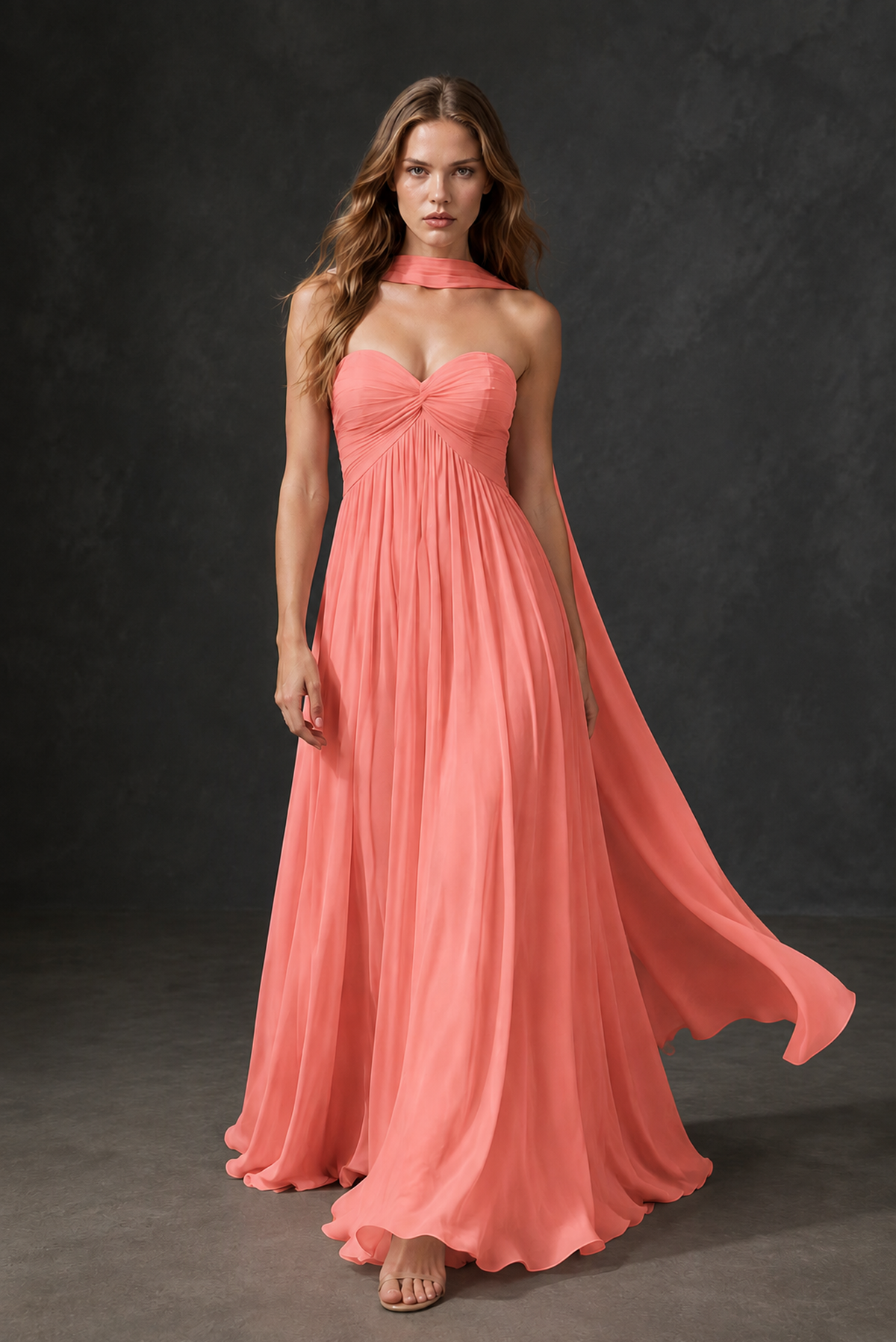 BOLODOO Coral Sweetheart Strapless Twist Knot Detached Halter Scarf Lace-Up Back Empire Waist Chiffon Maxi Dress - Coral