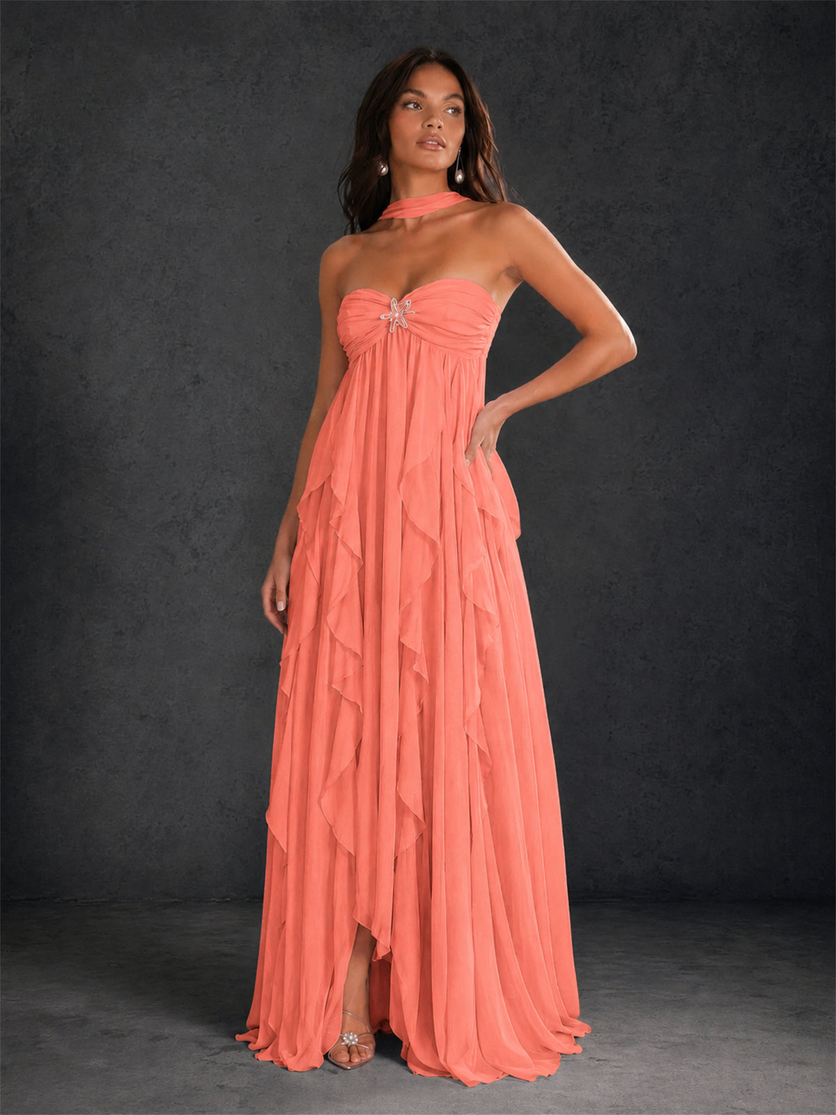 BOLODOO Coral Halter Neck Cascading Ruffle Chiffon Maxi Dress | Keyhole Open Back - Coral