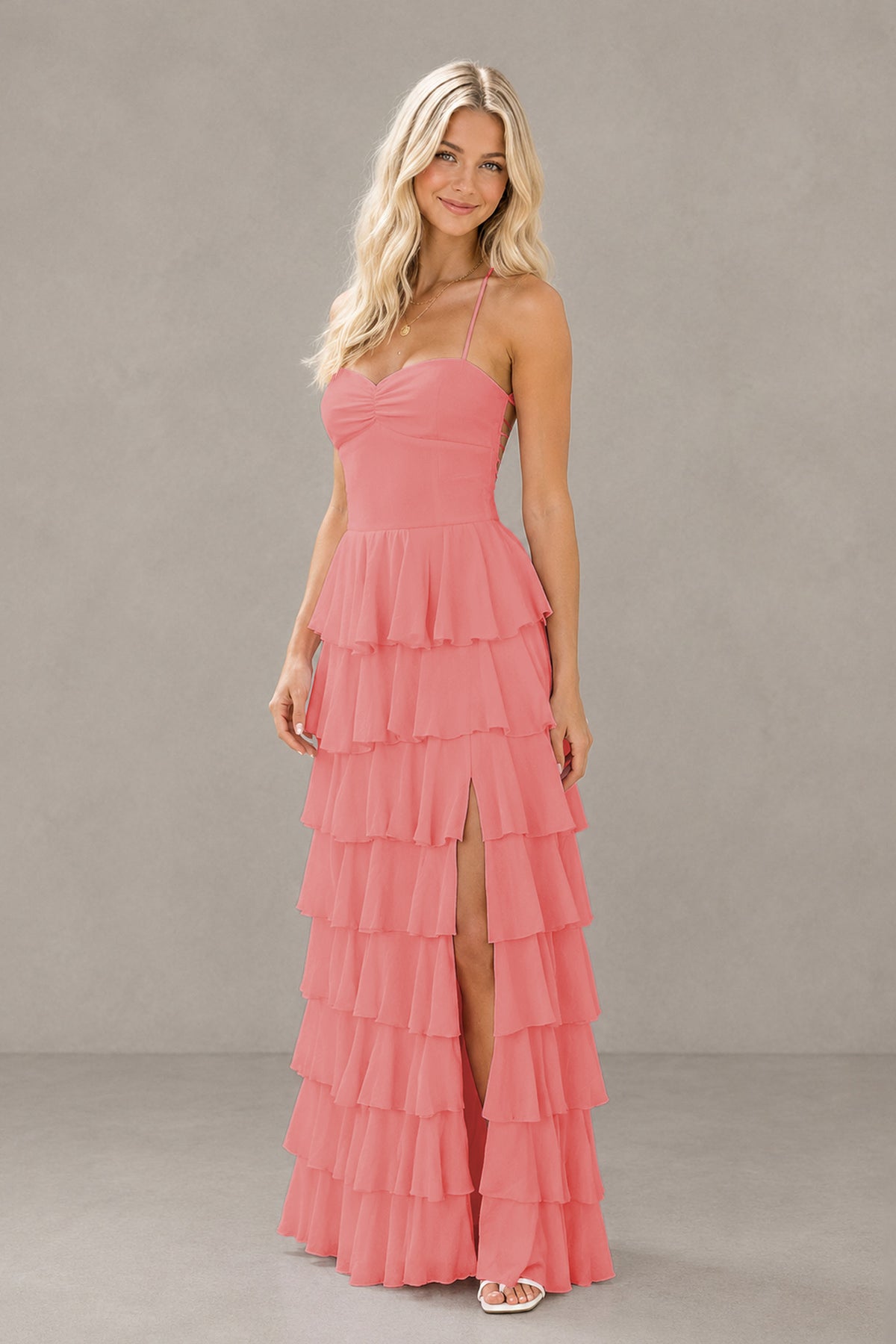 BOLODOO Coral Strapless Tiered Ruffle Maxi Dress with Slit & Lace-Up Back - Coral