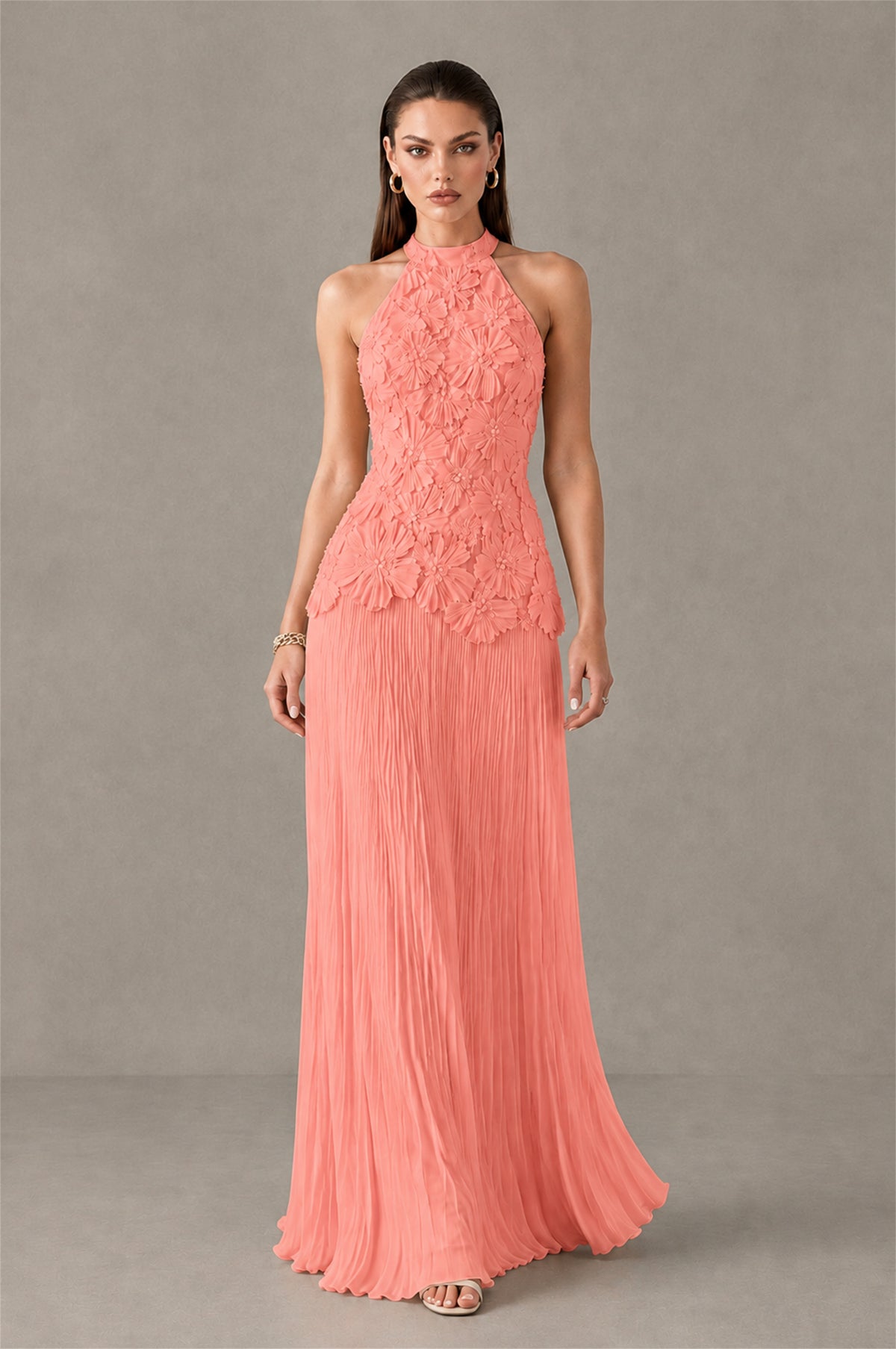 BOLODOO Coral 3D Floral Applique Halter Neck Open Back Pleated Maxi Dress - Coral