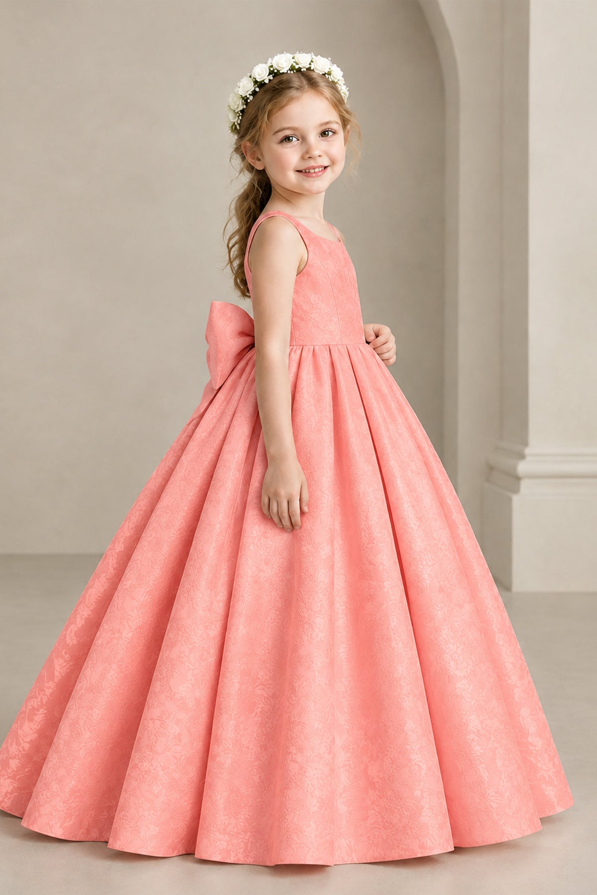 BOLODOO Coral Girls' A-Line Flower Girl Dress with Back Bow - Coral