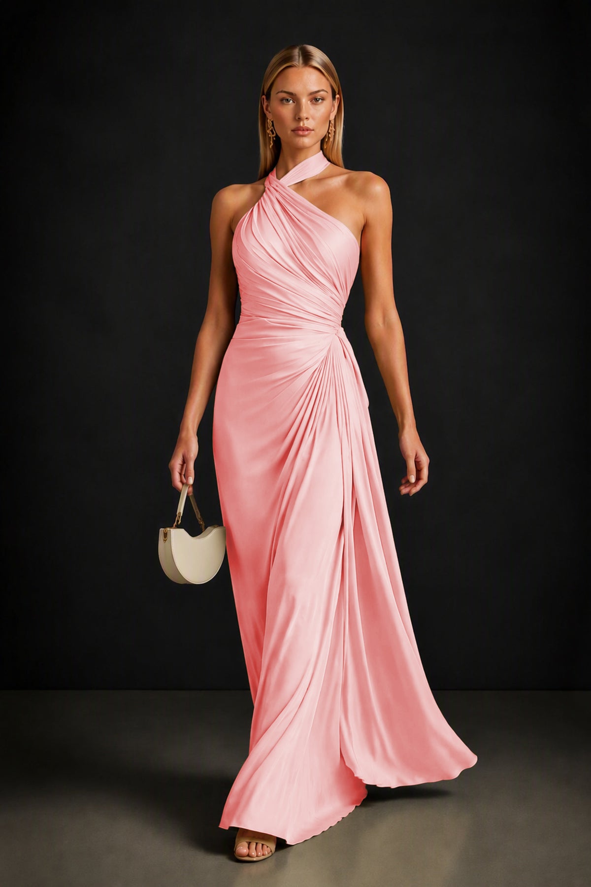 BOLODOO Coral Twisted Halter Neck Ruched Sleeveless Open Back Floor-Length Gown - Coral