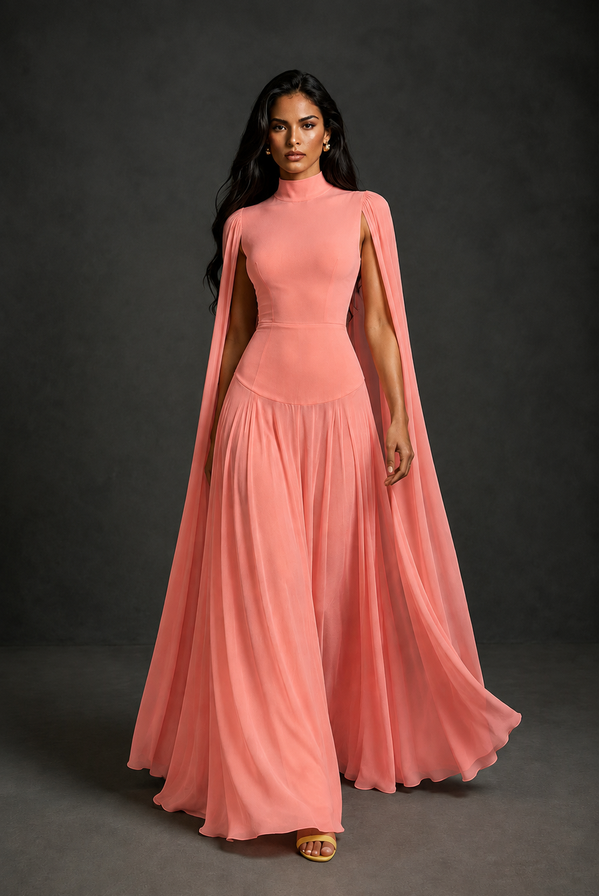 BOLODOO Coral Mock Neck Cape Sleeve A-Line Chiffon Maxi Dress - Coral