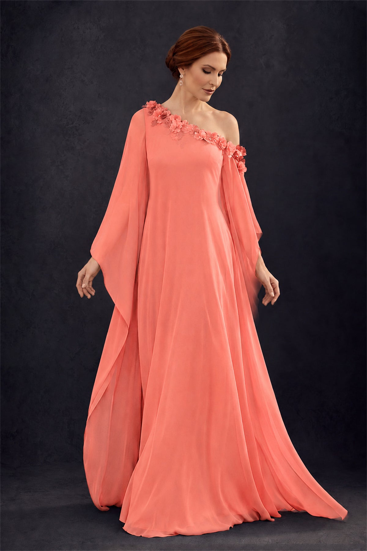 BOLODOO Coral 2-Piece Set: Off-Shoulder 3D Floral Cape Gown & One-Shoulder Wide-Leg Jumpsuit | BD0373 - Coral