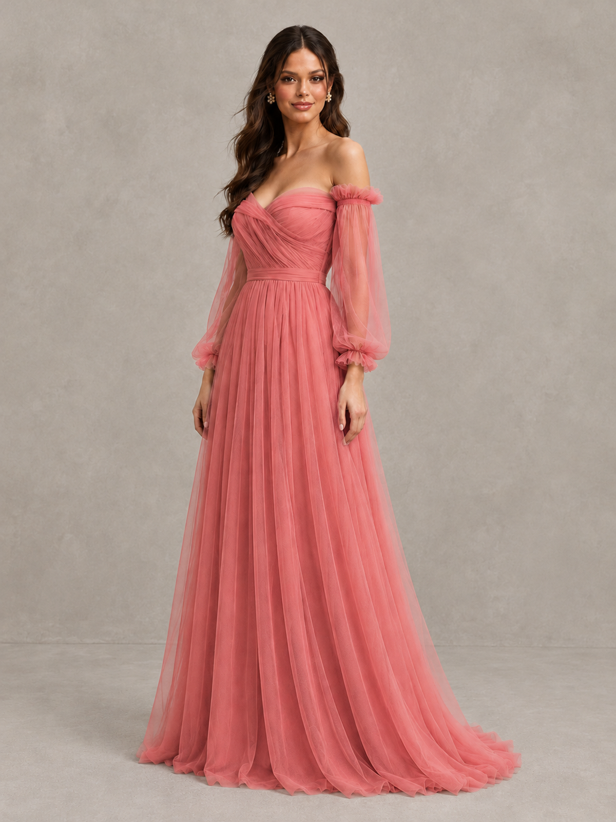 BOLODOO Coral Off-the-Shoulder Long Sleeve A-Line Bridesmaid Dress - Coral - Coral (3)