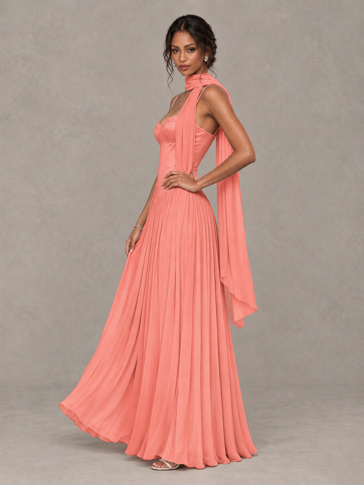 BOLODOO Coral Corset Bridesmaid Dress with Scarf - Coral - Coral (3)