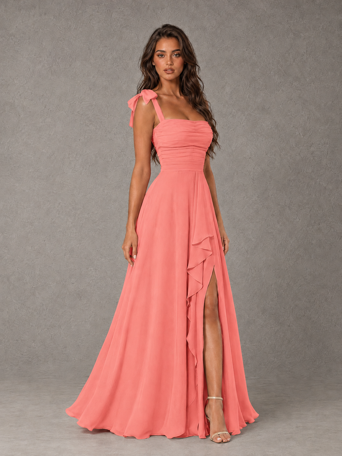 BOLODOO Coral Bow-Strap Bridesmaid Dress with Ruffle Slit - Coral - Coral (3)