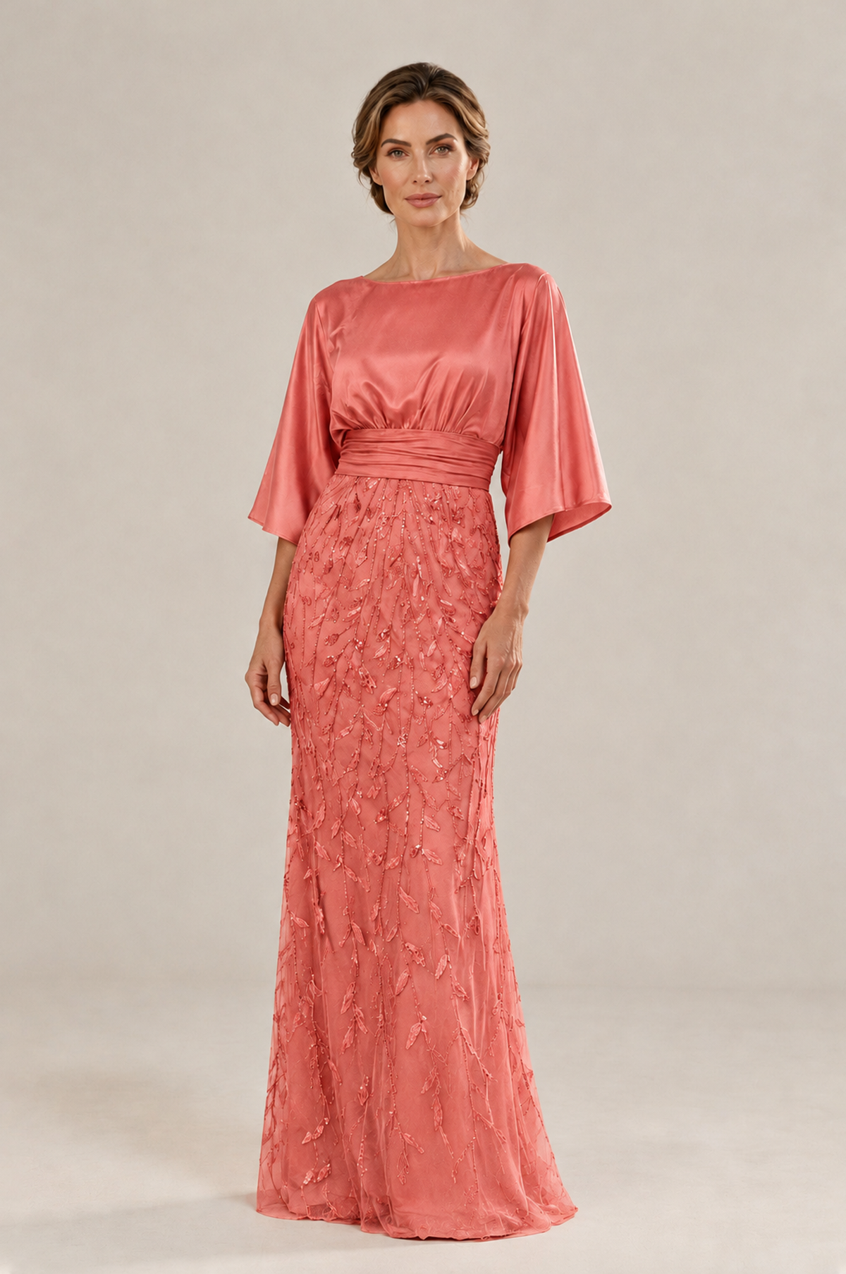 BOLODOO Coral Mother of the Bride Dress with Kimono Sleeves, Satin Bodice & Sequin Embroidered Mermaid Floor-Length Gown - Coral - Coral (3)