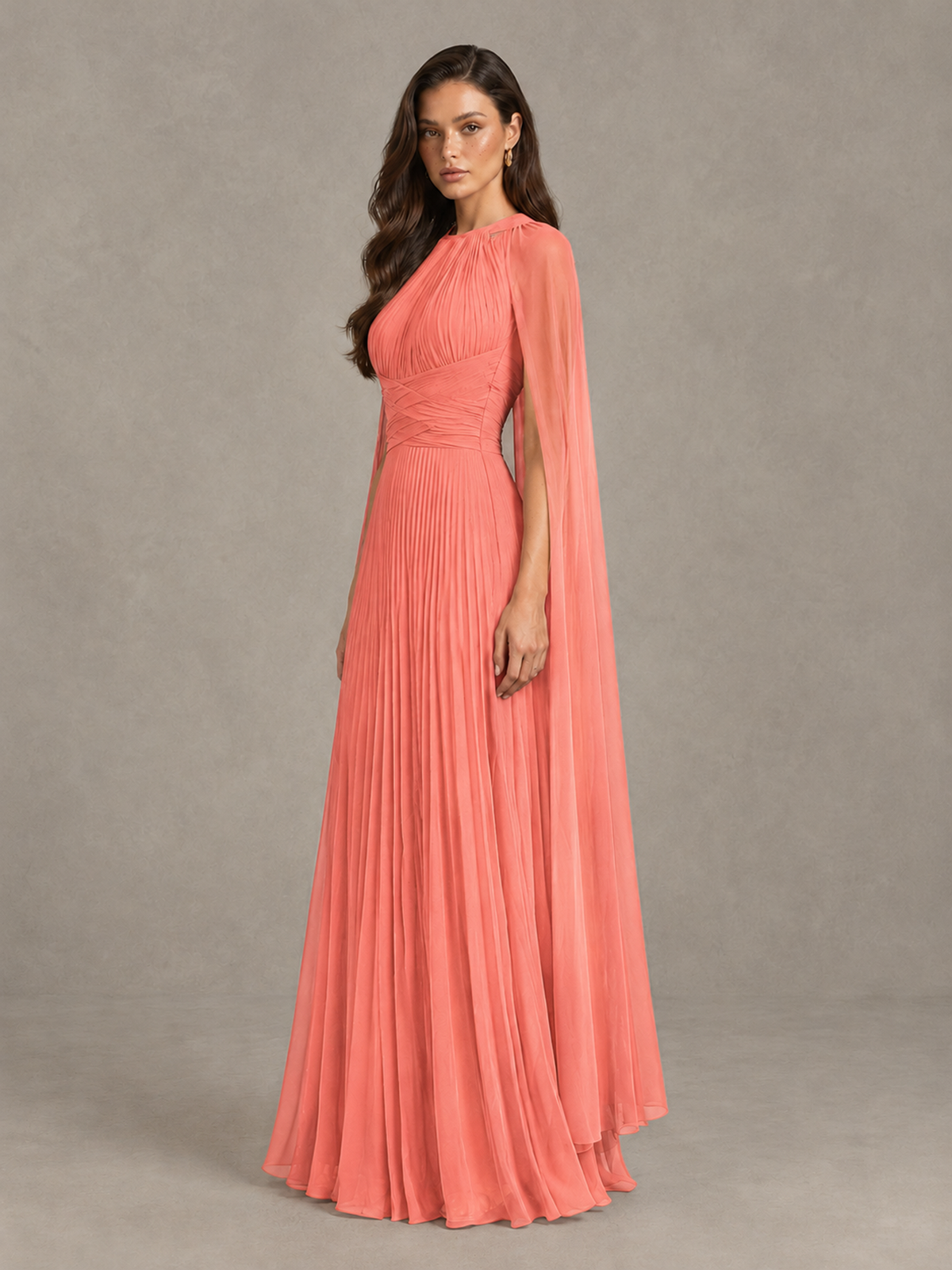 BOLODOO Coral Pleated Cape Maxi Wedding Guest Dress - Coral - Coral (3)