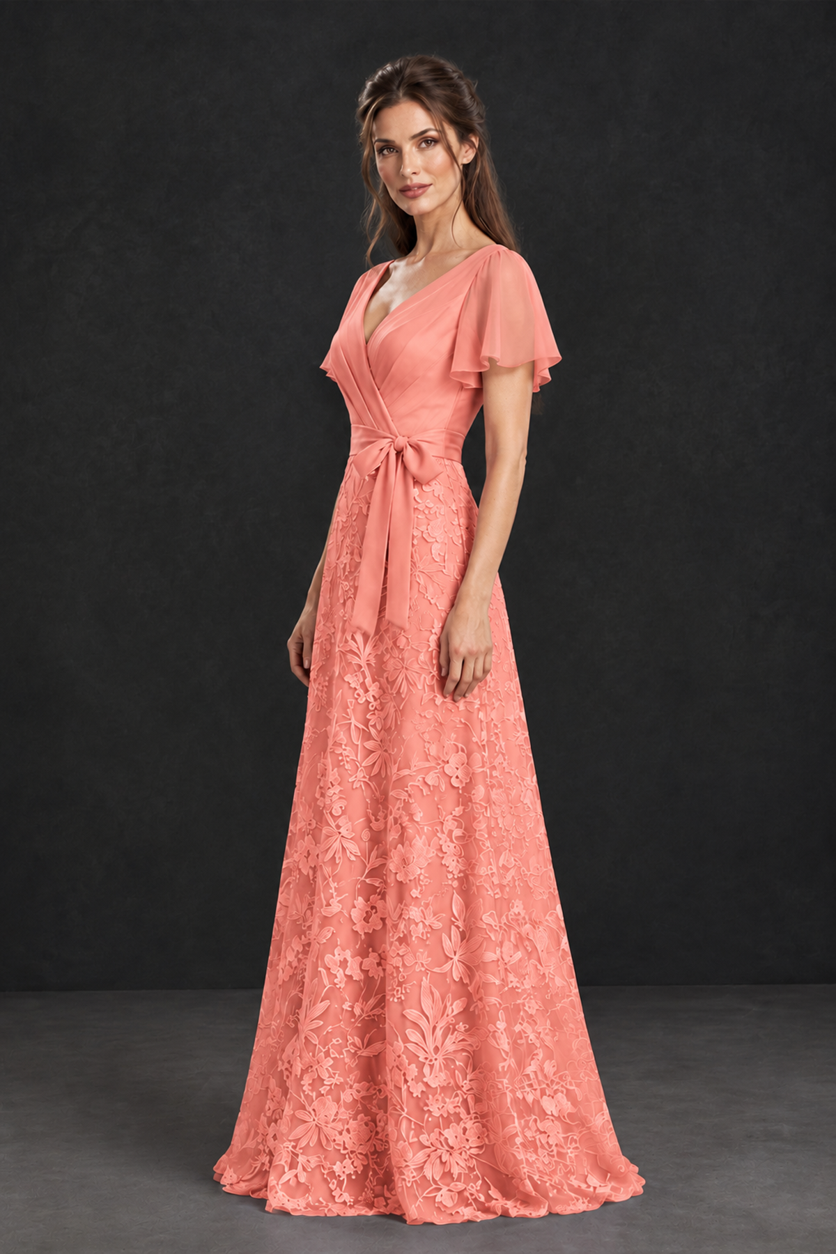 BOLODOO Coral Flutter Sleeve Lace Mother of the Bride Dress - Coral