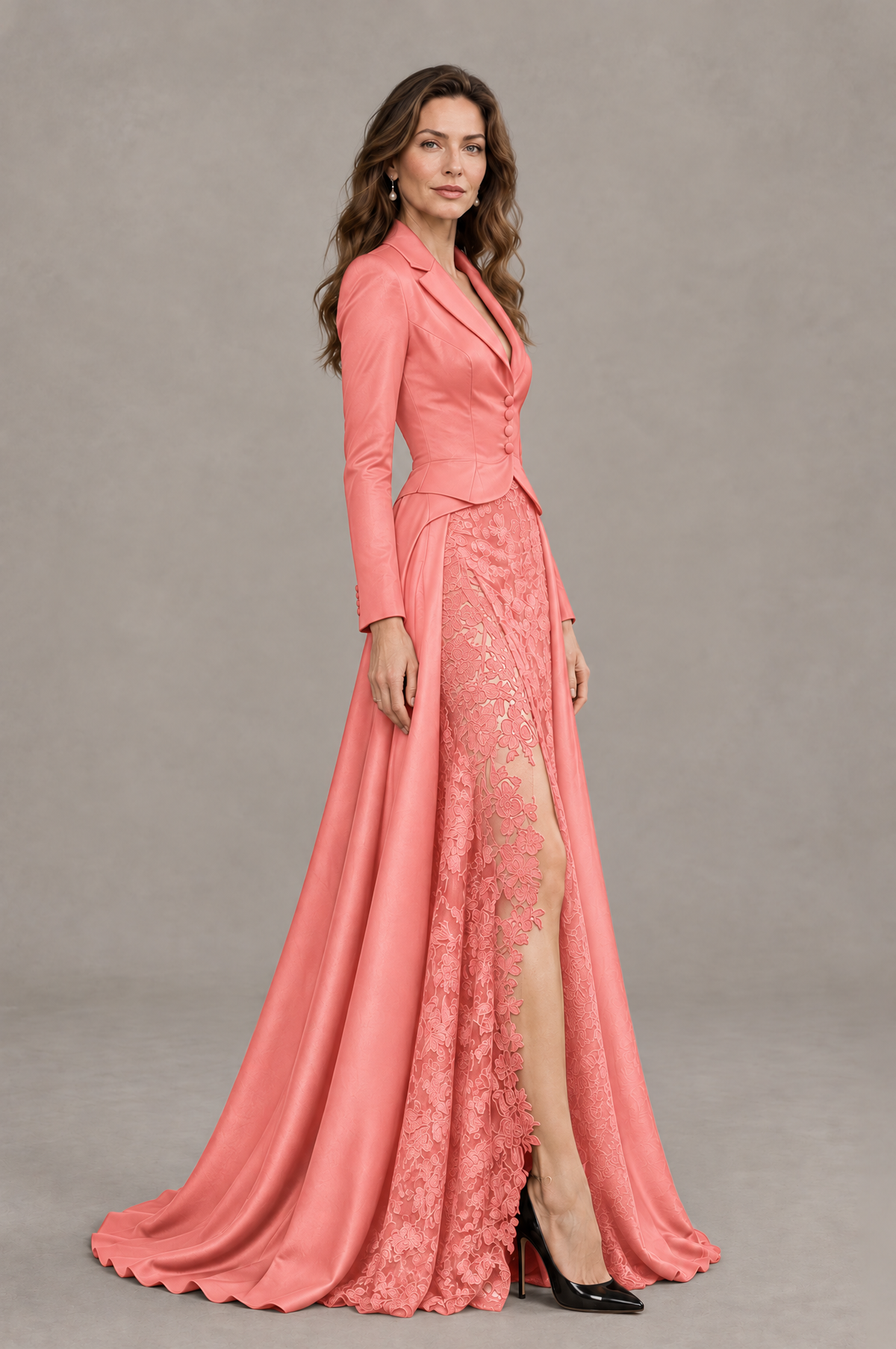 BOLODOO Coral Long Sleeve Lace Blazer Gown with High Slit - Coral - Coral (3)