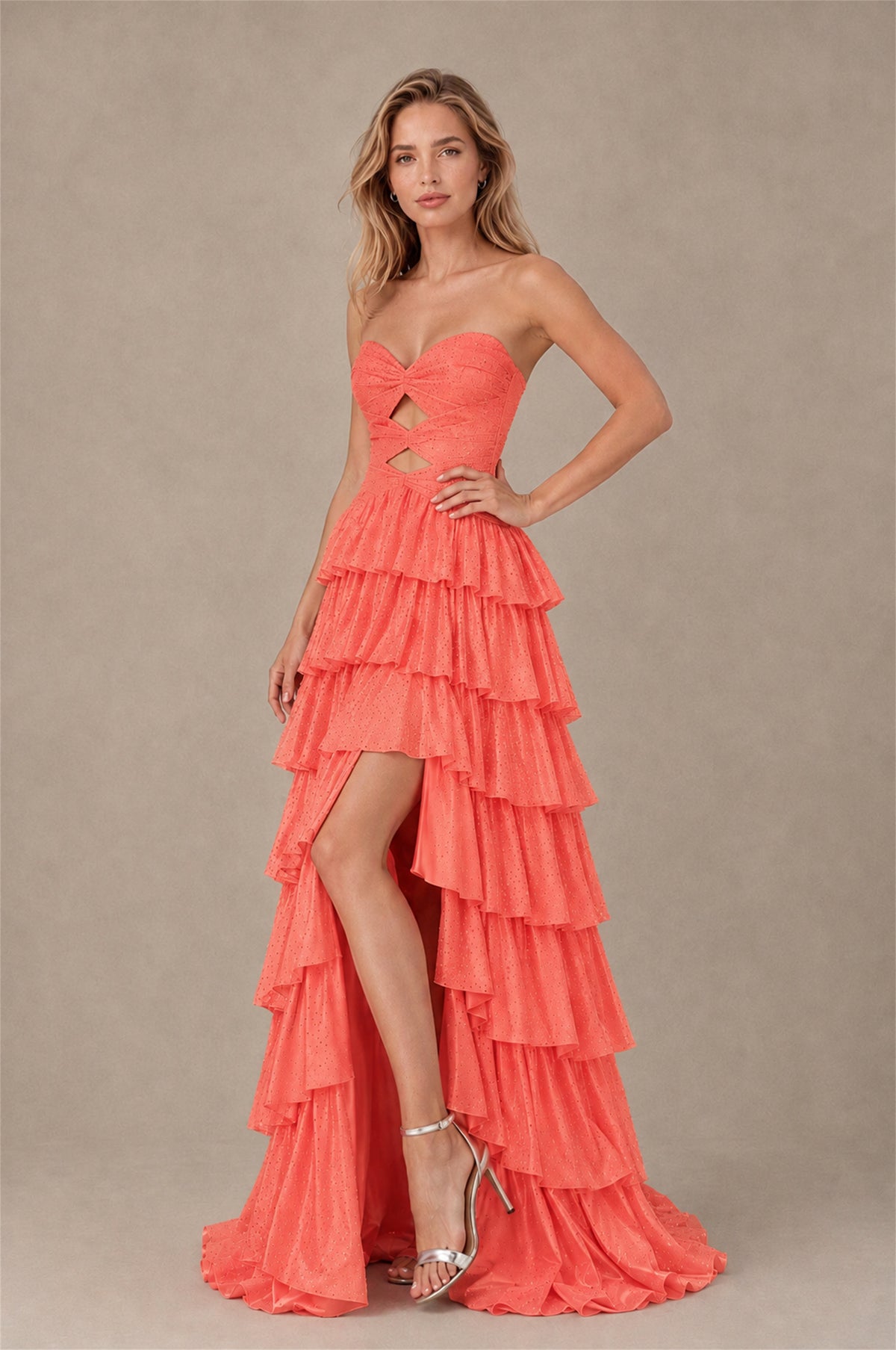 BOLODOO Coral Strapless Cutout Tiered Ruffle Prom Dress with High Slit - Coral - Coral (3)