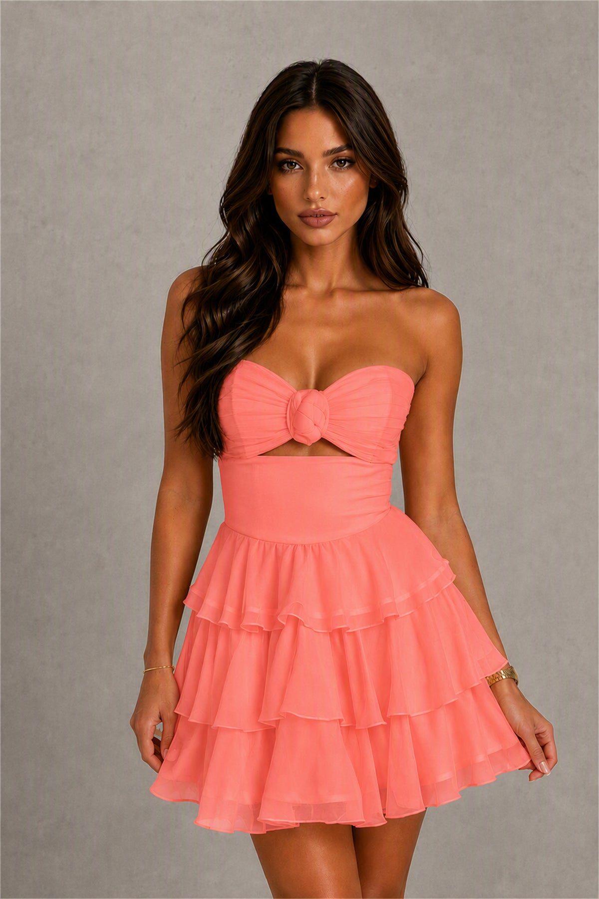 BOLODOO Coral Strapless Sweetheart Cutout Tiered Ruffle Mini Dress | Homecoming Cocktail Party Dress - Coral