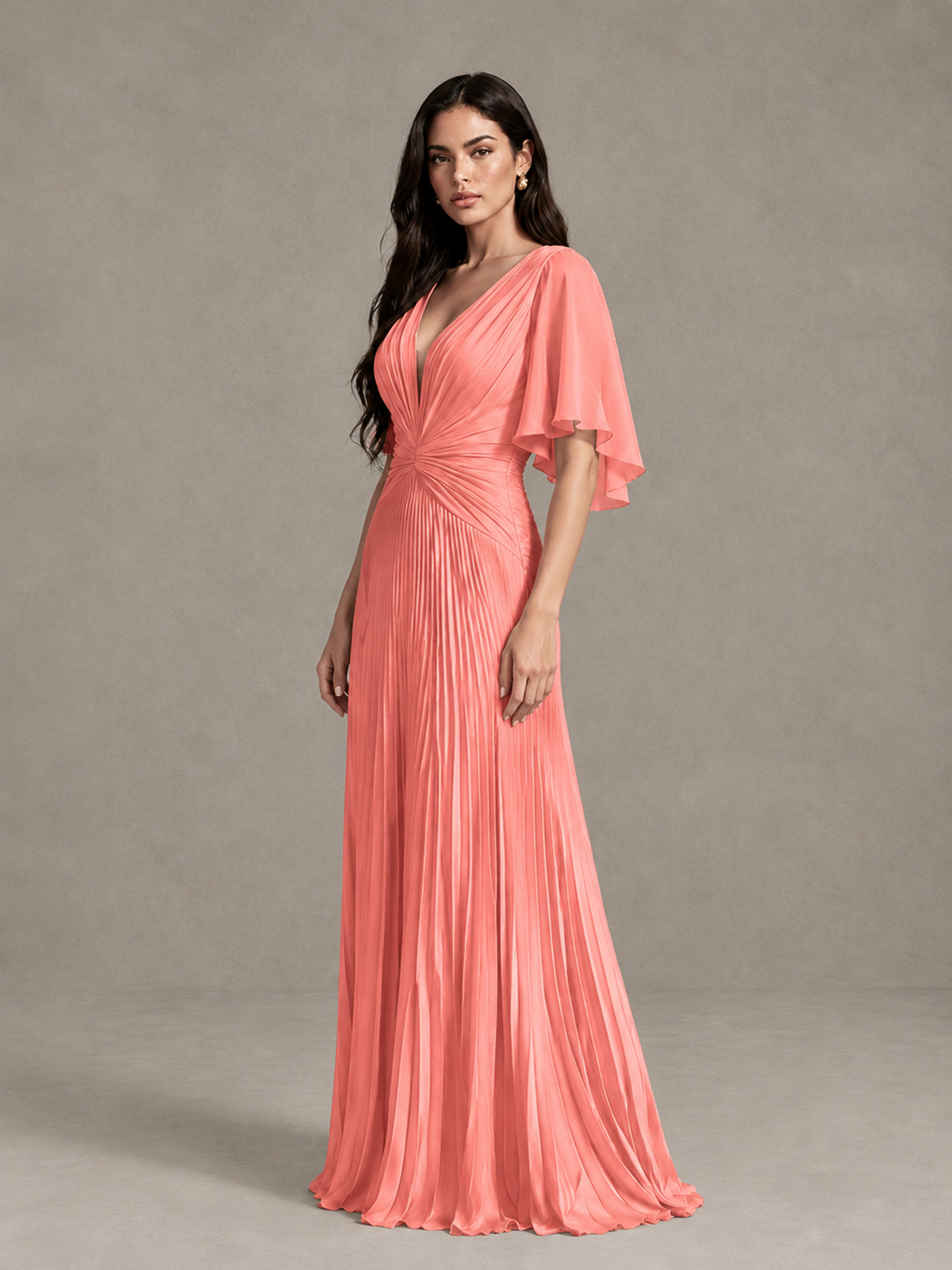 BOLODOO Coral Pleated V-Neck Flutter Sleeve Bridesmaid Dress - Coral - Coral (3)