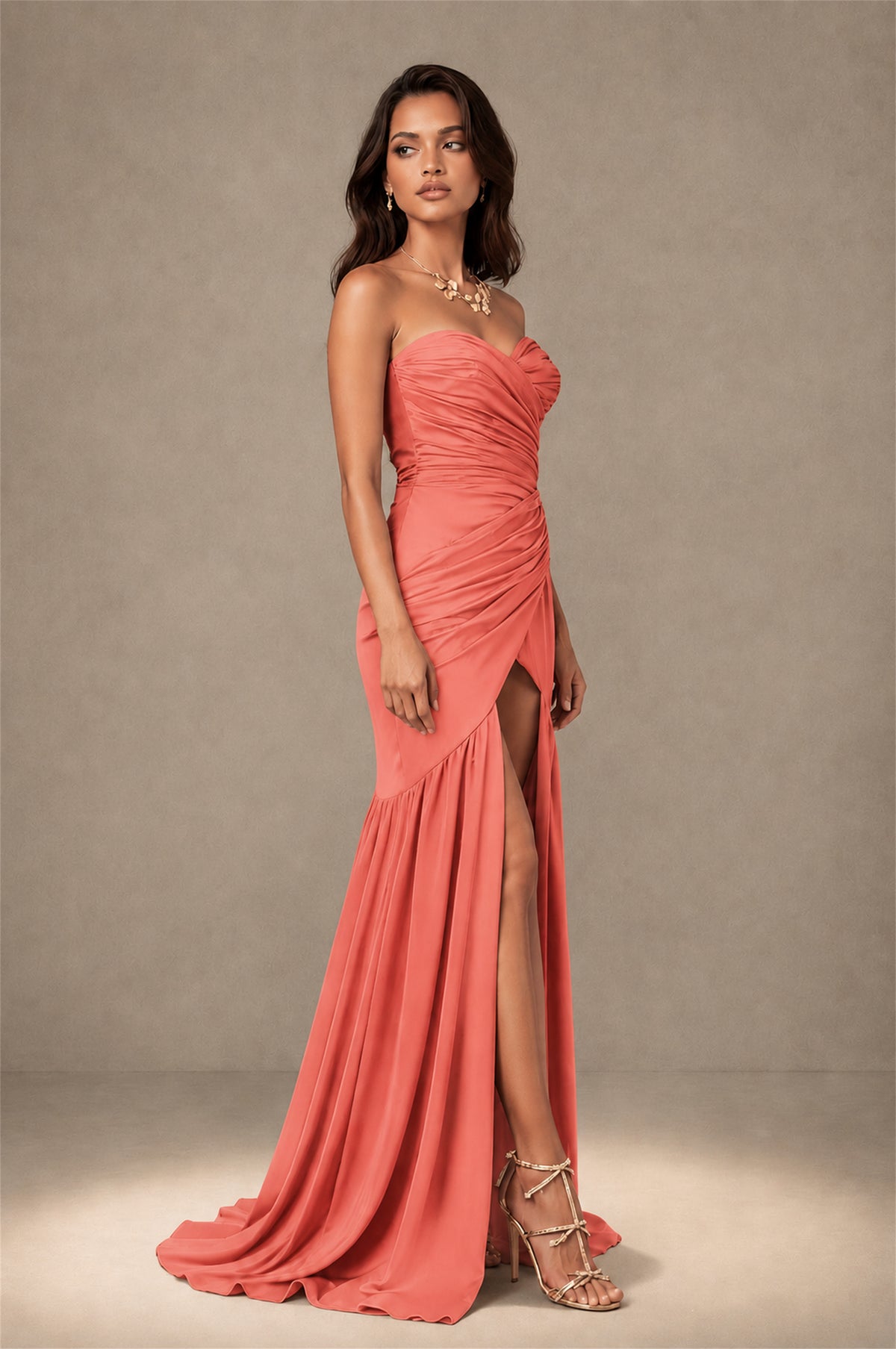 BOLODOO Coral Brown Stretch Satin Sweetheart Strapless Ruched Open Back High Slit Mermaid Maxi Dress - Coral