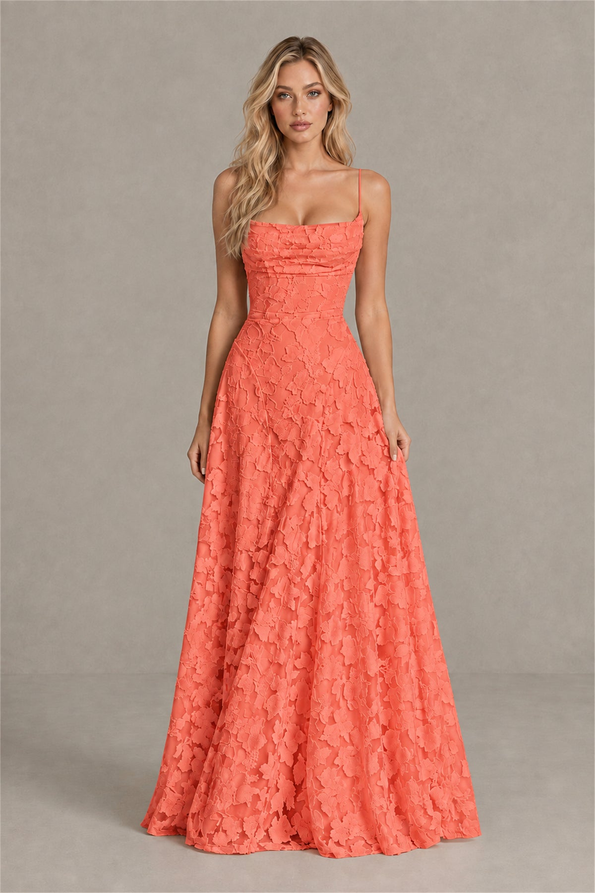 BOLODOO Coral Floral Appliqué Lace-Up Back Maxi Dress - Coral