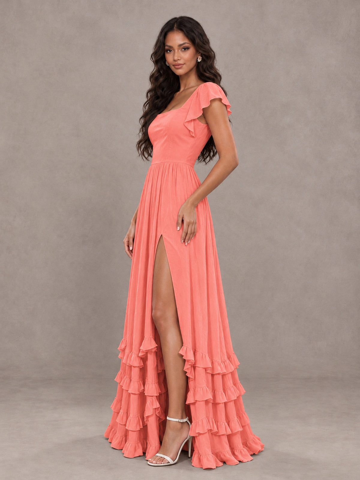 BOLODOO Coral Flutter Sleeve Ruffle Bridesmaid Dress with Slit - Coral - Coral (3)