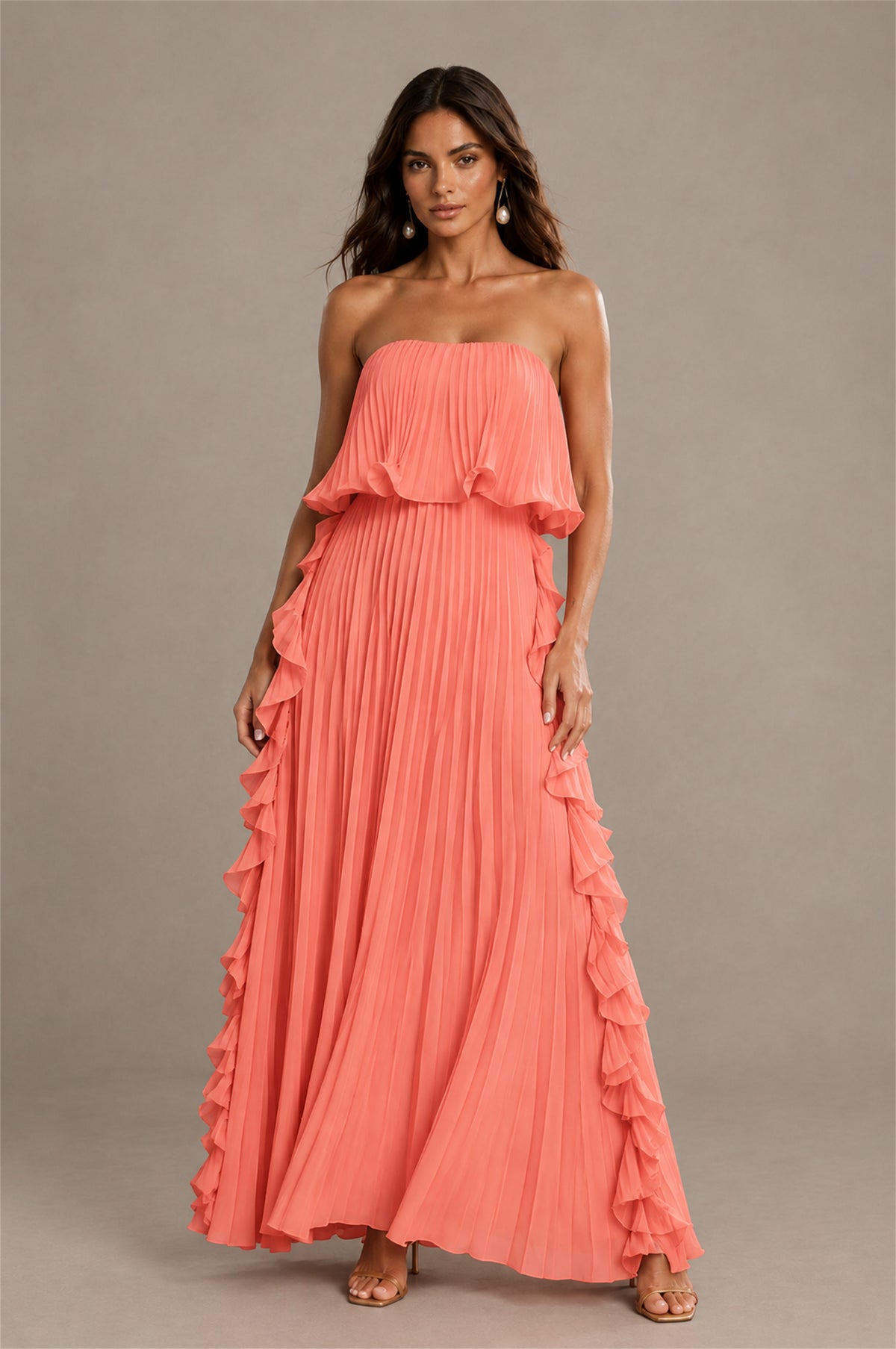BOLODOO Coral Strapless Ruffle Bodice Dual Cascading Ruffle Accordion Pleated Chiffon Maxi Dress - Coral