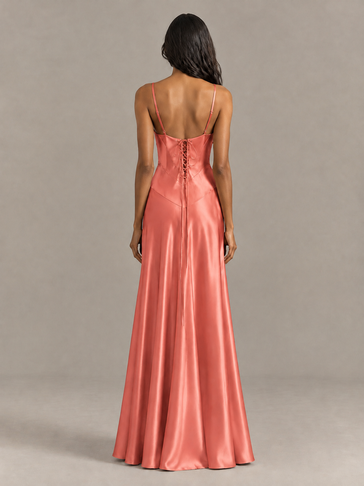 BOLODOO Coral Satin Lace-Up Back Maxi Dress - Coral