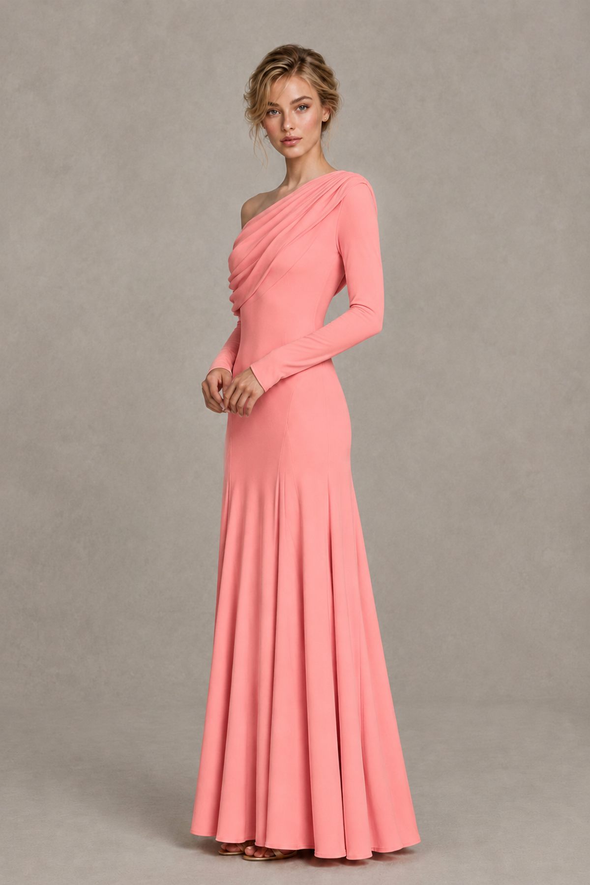 BOLODOO Coral Asymmetric Draped Long Sleeve Evening Gown - Coral