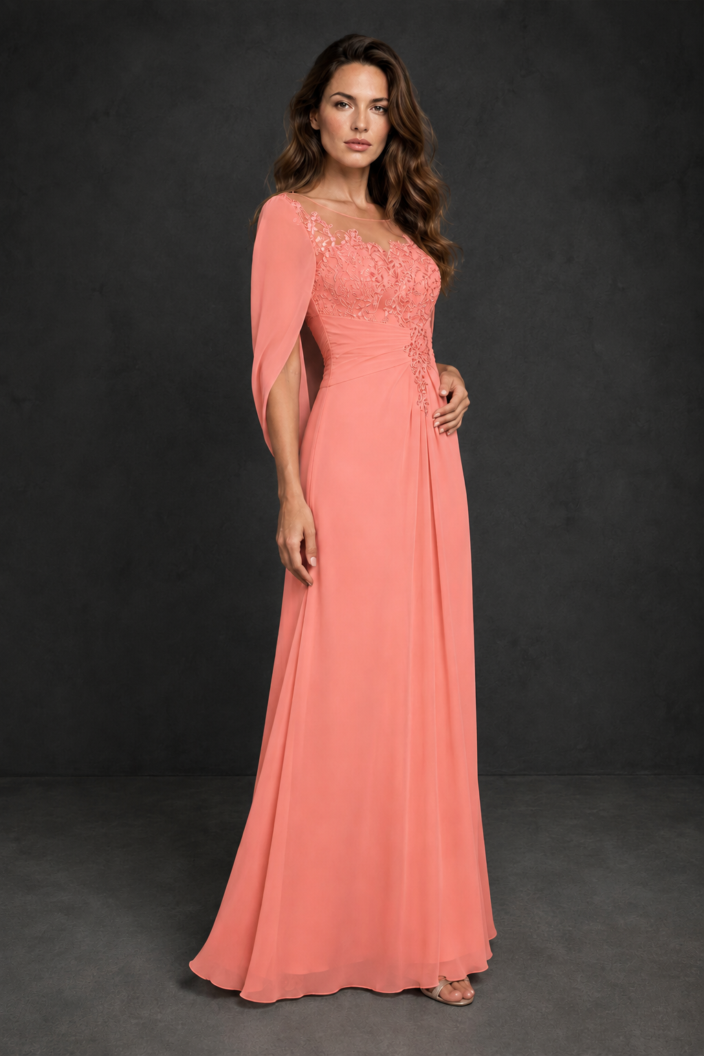 BOLODOO Coral Illusion Lace One-Side Cape Sleeve Beaded Chiffon Floor Length Gown | Mother of the Bride Evening Dress - Coral