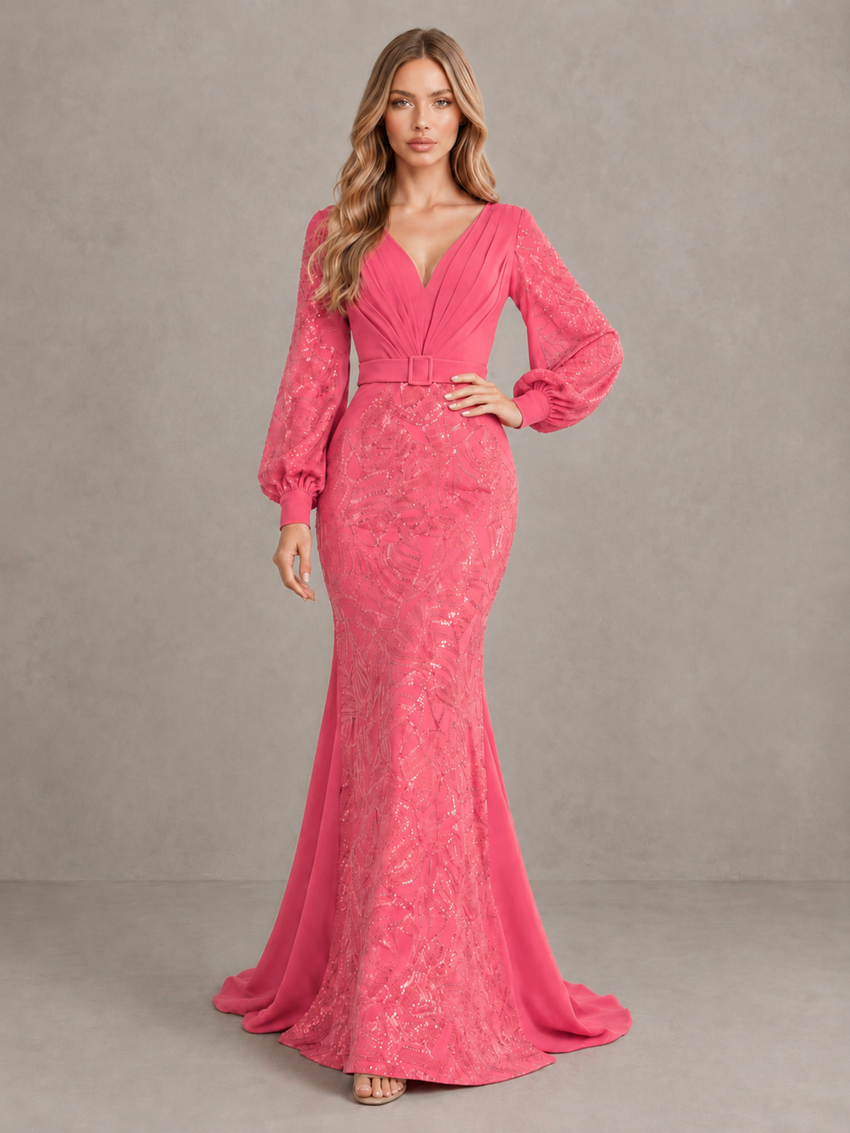 BOLODOO Coral Sequin Long Bishop Sleeve Mermaid Evening Dress - Coral - Coral (3)