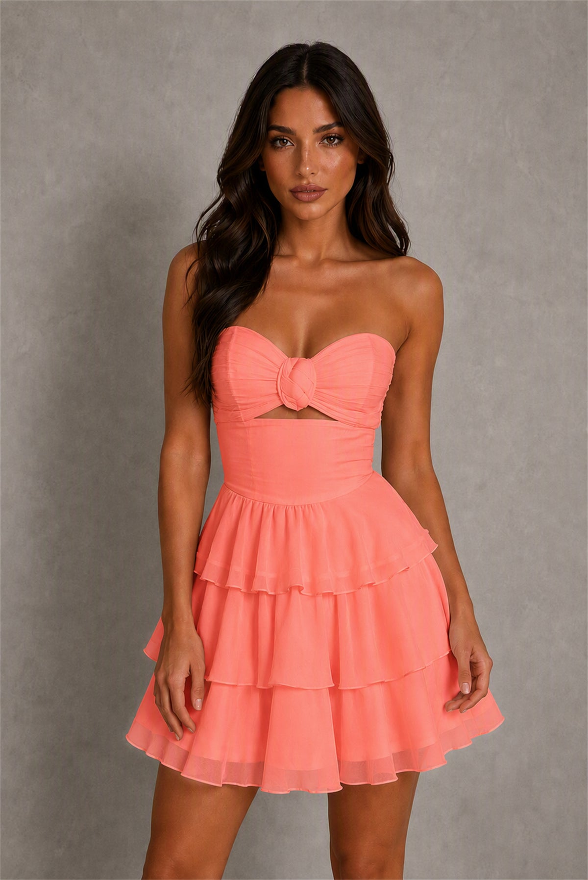 BOLODOO Coral Strapless Sweetheart Cutout Tiered Ruffle Mini Dress | Homecoming Cocktail Party Dress - Coral