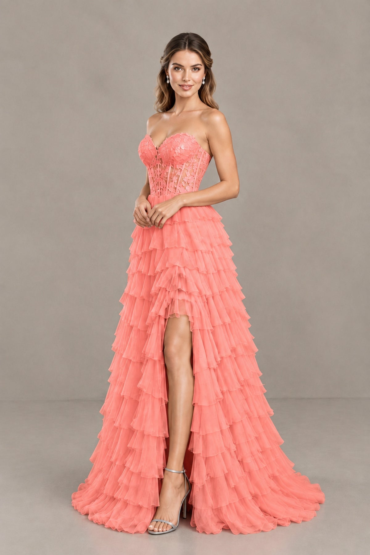 BOLODOO Coral Strapless Lace Corset Tiered Ruffle Prom Dress with Slit - Coral - Coral (4)