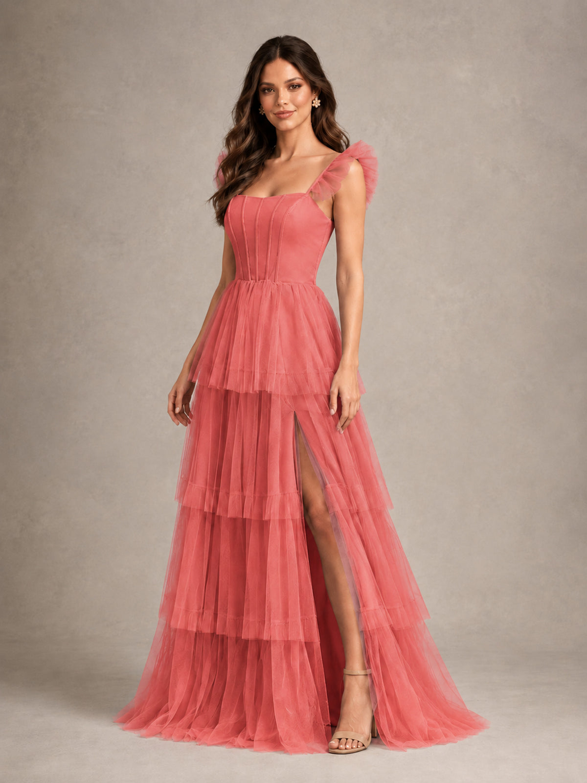 BOLODOO Coral Tiered Tulle Bridesmaid Dress with Slit - Coral - Coral (4)