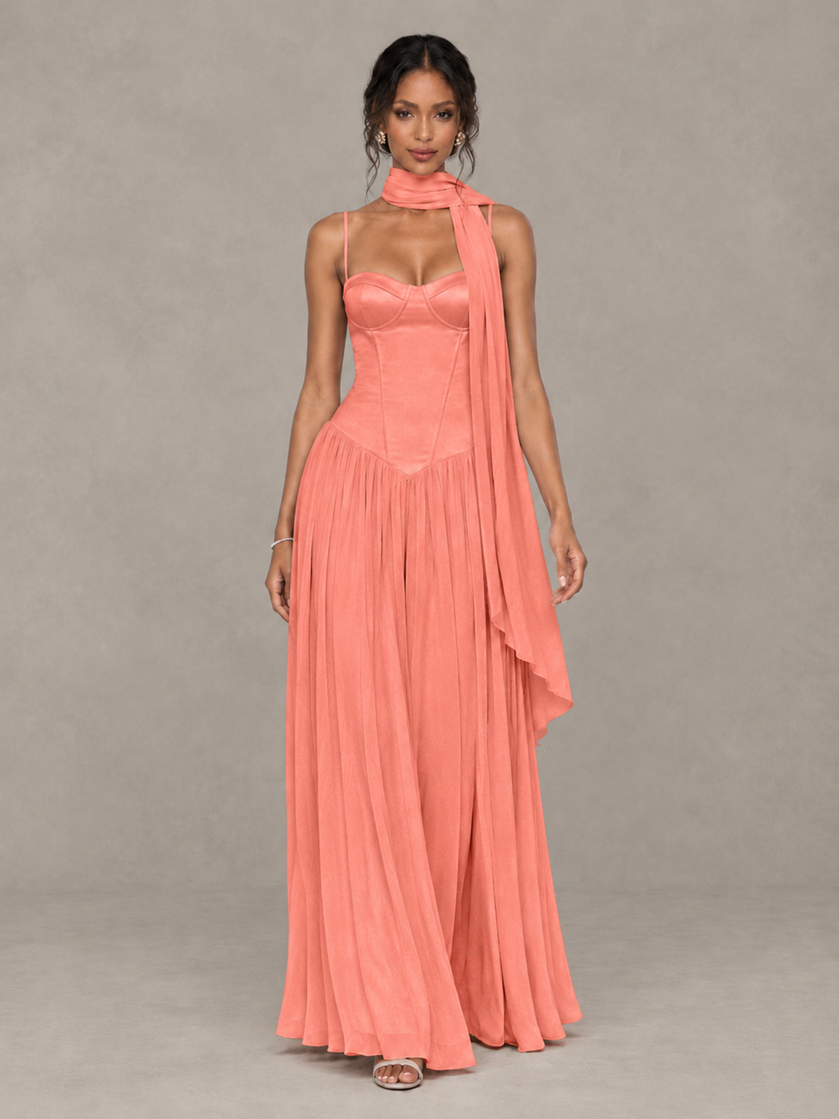 BOLODOO Coral Corset Bridesmaid Dress with Scarf - Coral - Coral (4)