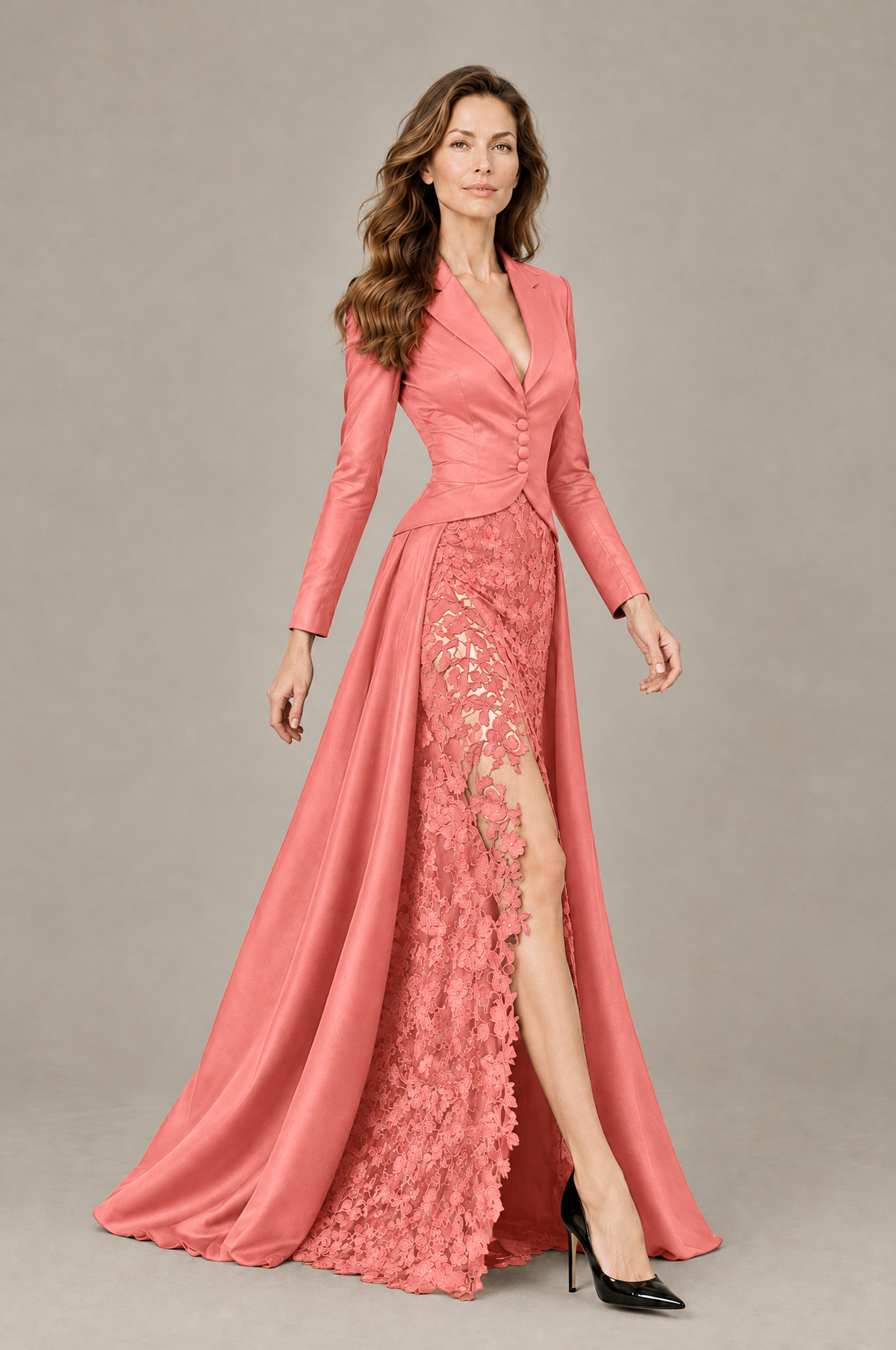 BOLODOO Coral Long Sleeve Lace Blazer Gown with High Slit - Coral - Coral (4)