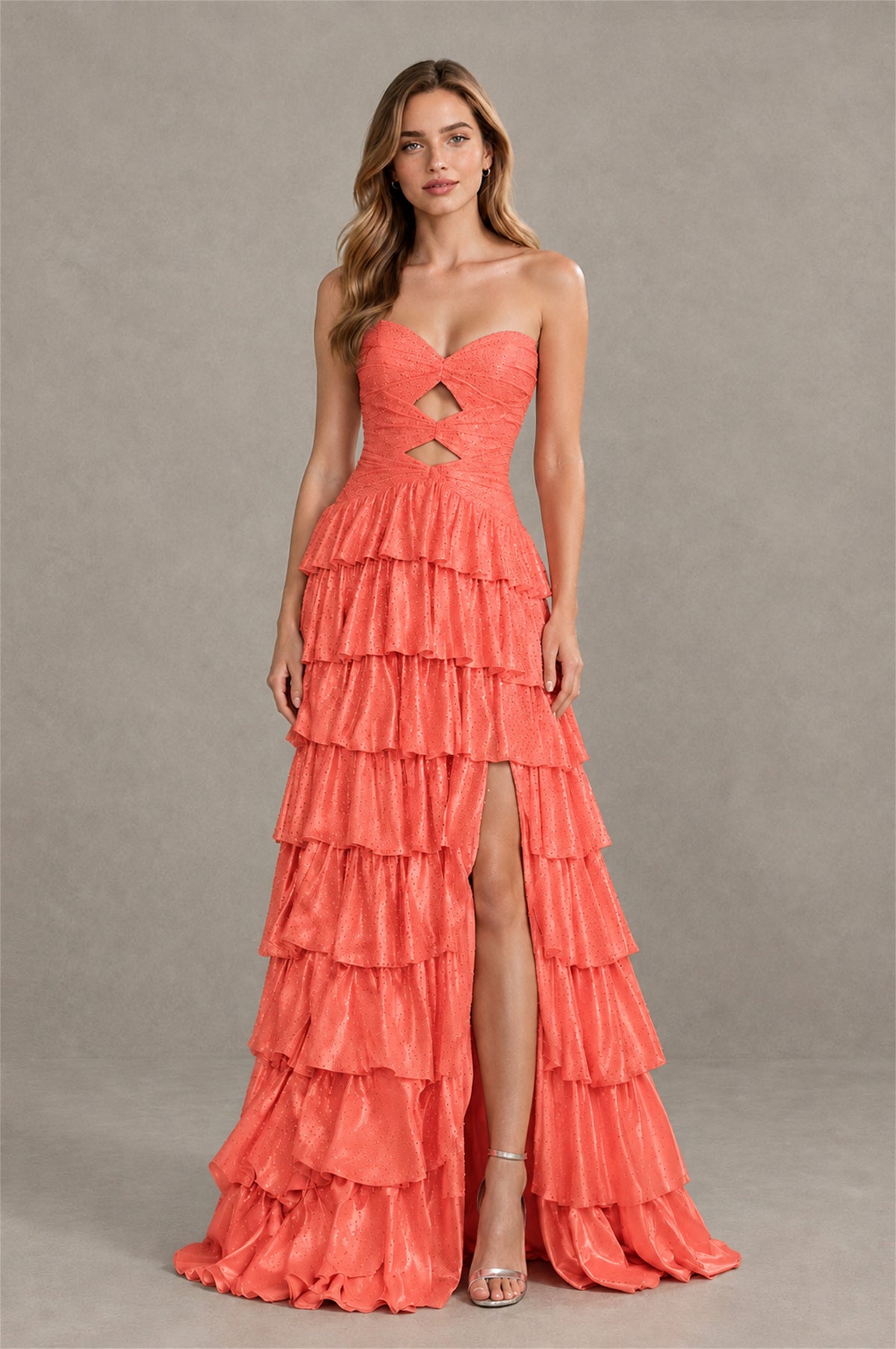 BOLODOO Coral Strapless Cutout Tiered Ruffle Prom Dress with High Slit - Coral - Coral (4)