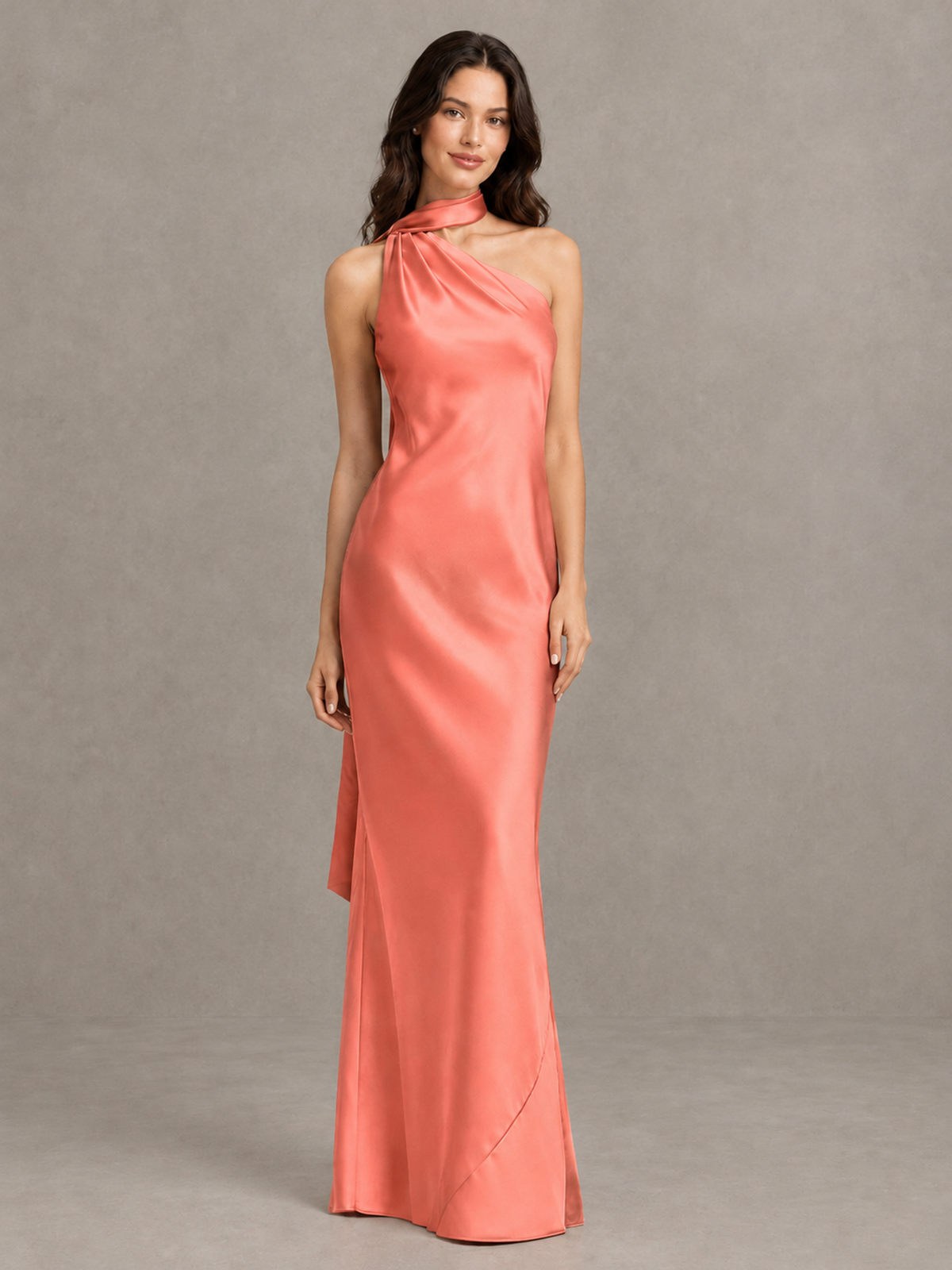 BOLODOO Coral Satin One-Shoulder Bridesmaid Dress with Open Back - Coral - Coral (4)