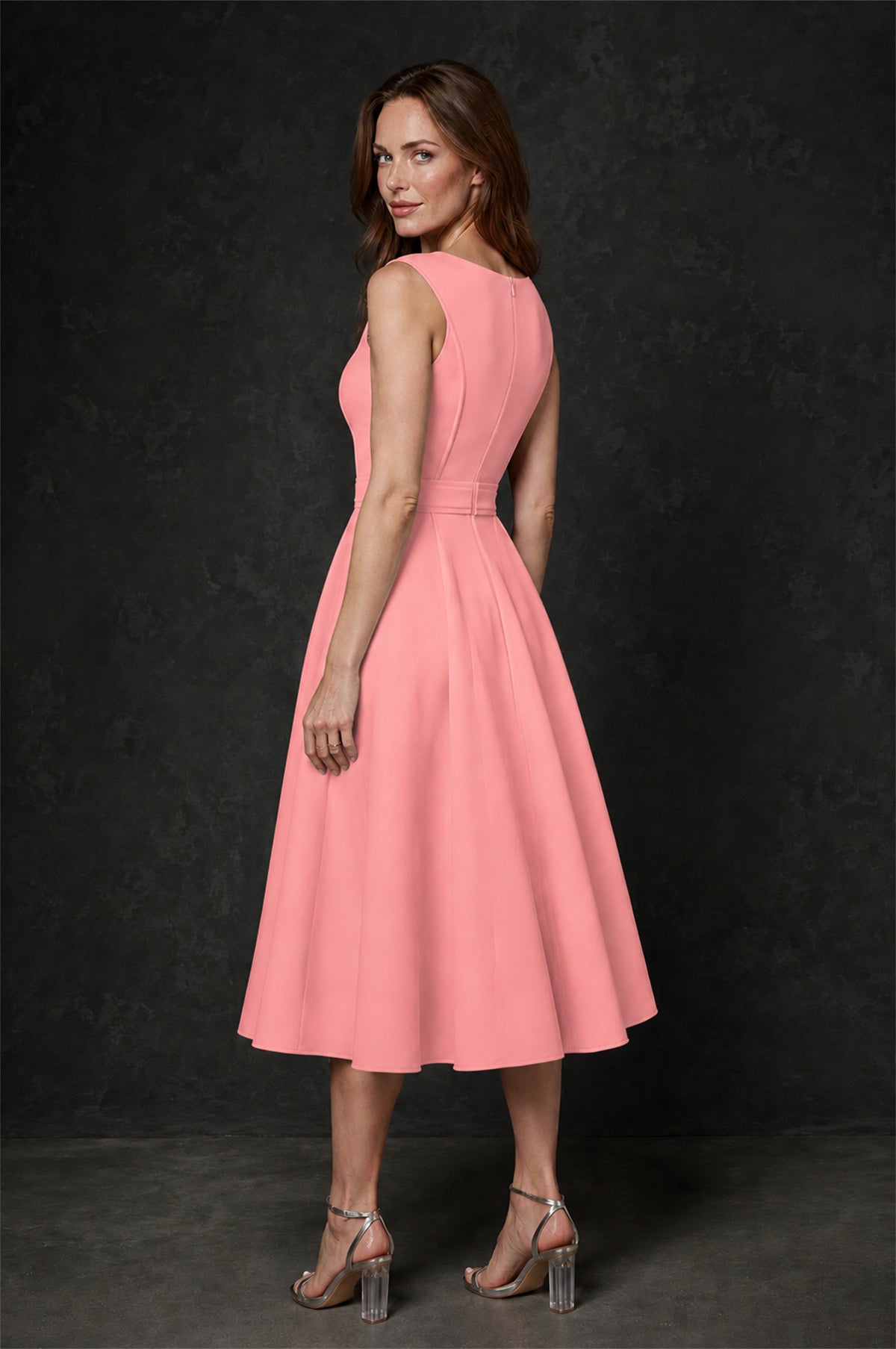 BOLODOO Coral 3D Rosette Appliqué 3/4 Sleeve Jacket & V-Notch Sleeveless A-Line Tea-Length Two-Piece Dress Set - Coral