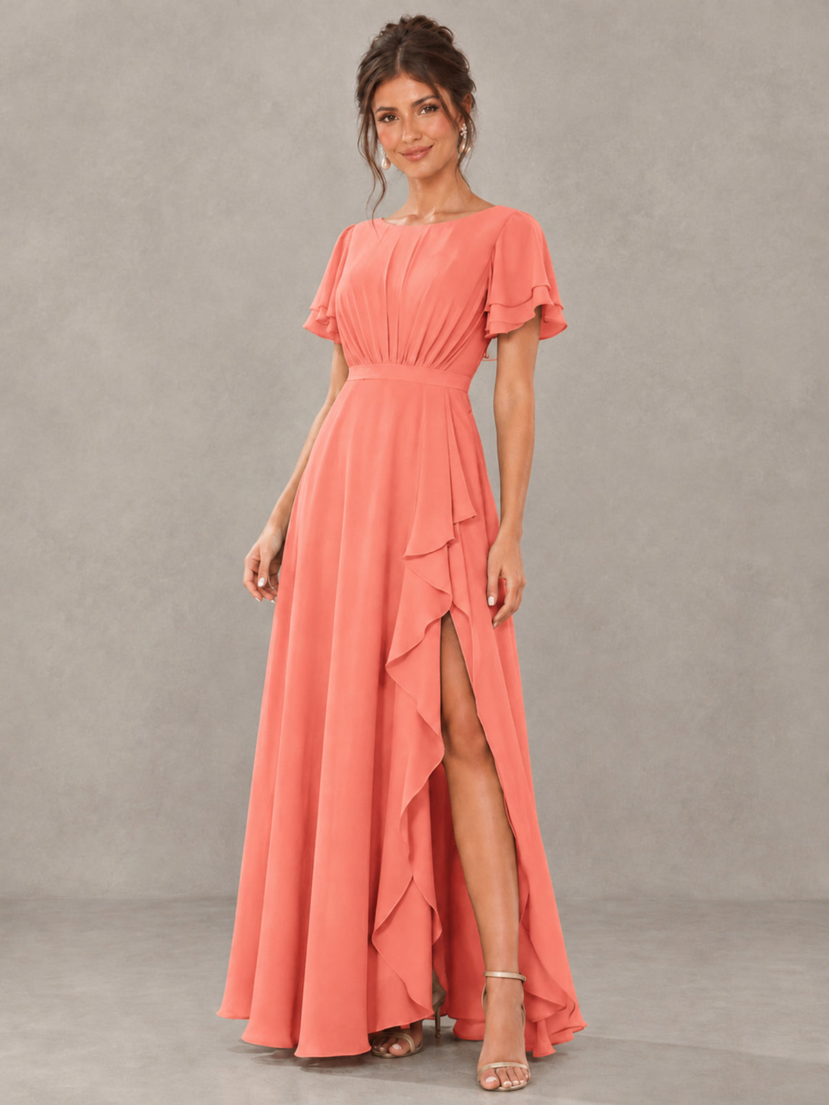 BOLODOO Coral Flutter Sleeve Ruffle Bridesmaid Dress with Slit - Coral - Coral (4)
