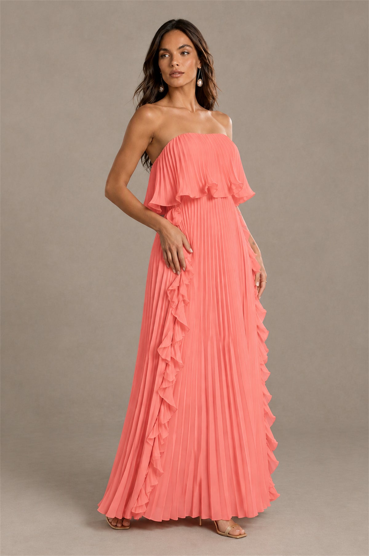 BOLODOO Coral Strapless Ruffle Bodice Dual Cascading Ruffle Accordion Pleated Chiffon Maxi Dress - Coral