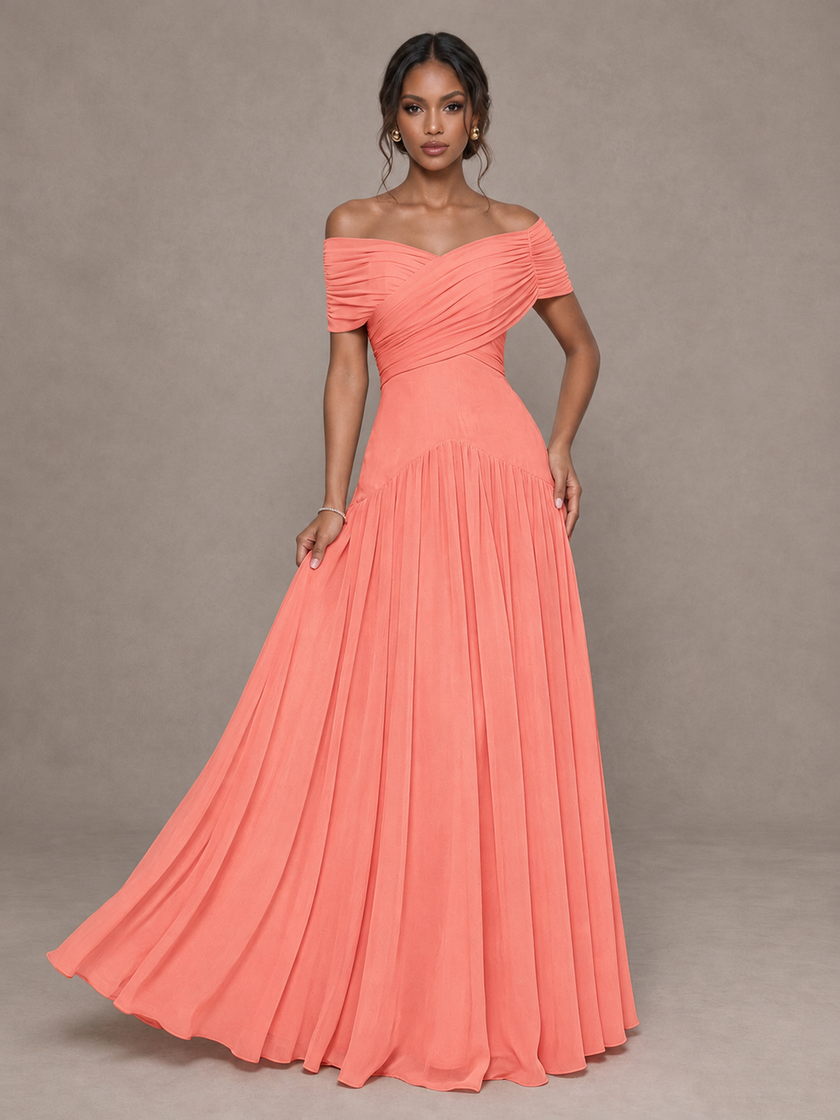 BOLODOO Coral Off-Shoulder Ruched A-Line Bridesmaid Dress - Coral - Coral (4)