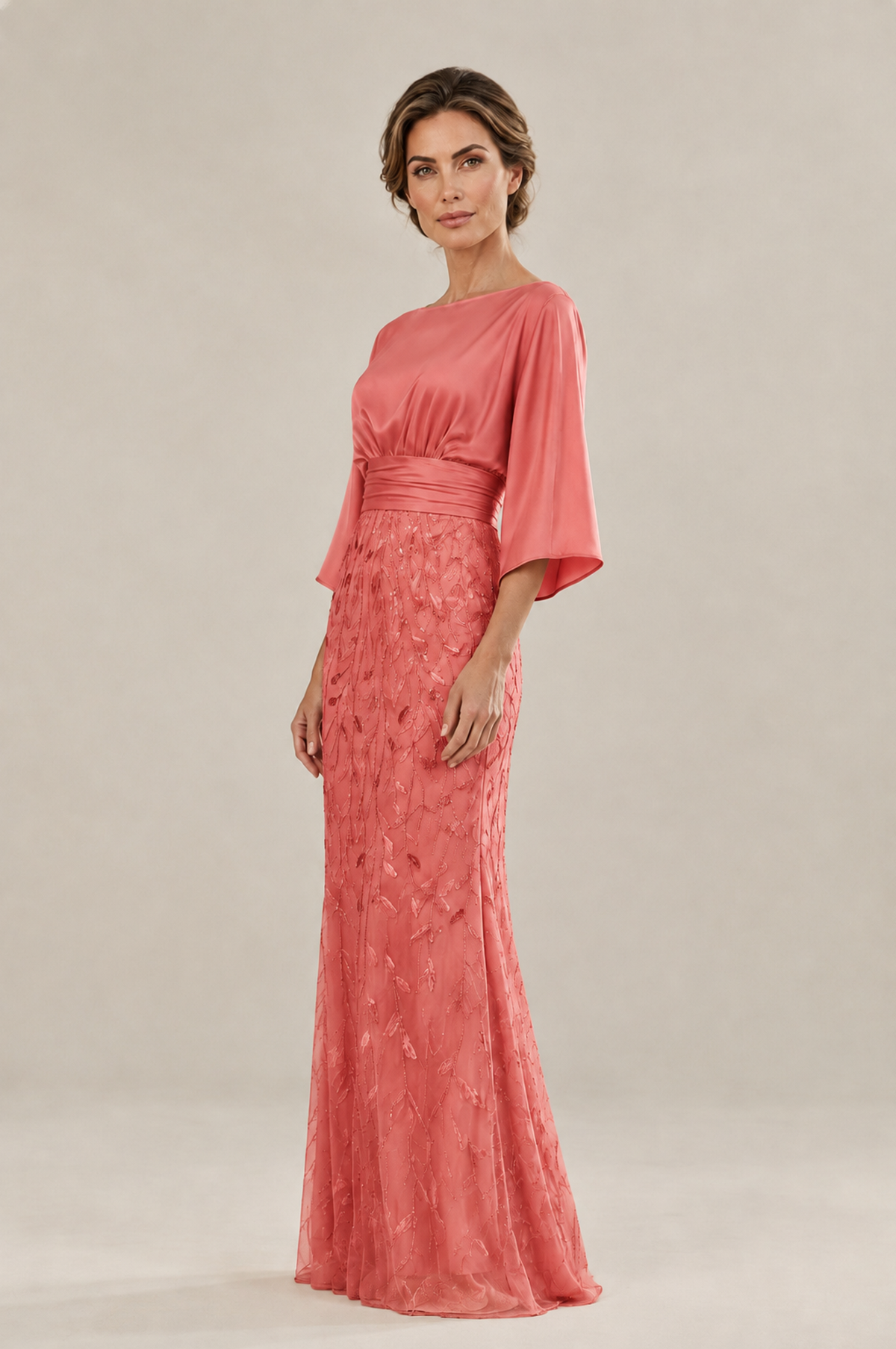BOLODOO Coral Mother of the Bride Dress with Kimono Sleeves, Satin Bodice & Sequin Embroidered Mermaid Floor-Length Gown - Coral - Coral (4)