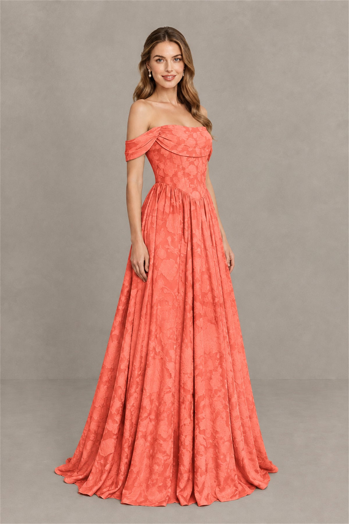 BOLODOO Coral Off-Shoulder Floral A-Line Maxi Dress - Coral