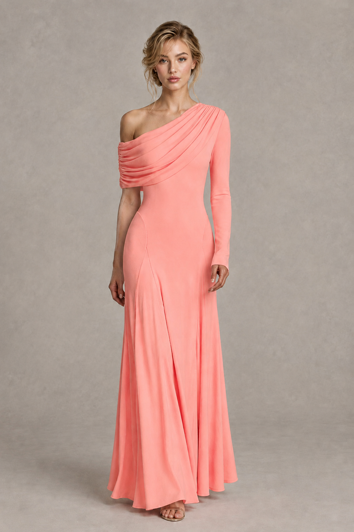 BOLODOO Coral Asymmetric Draped Long Sleeve Evening Gown - Coral