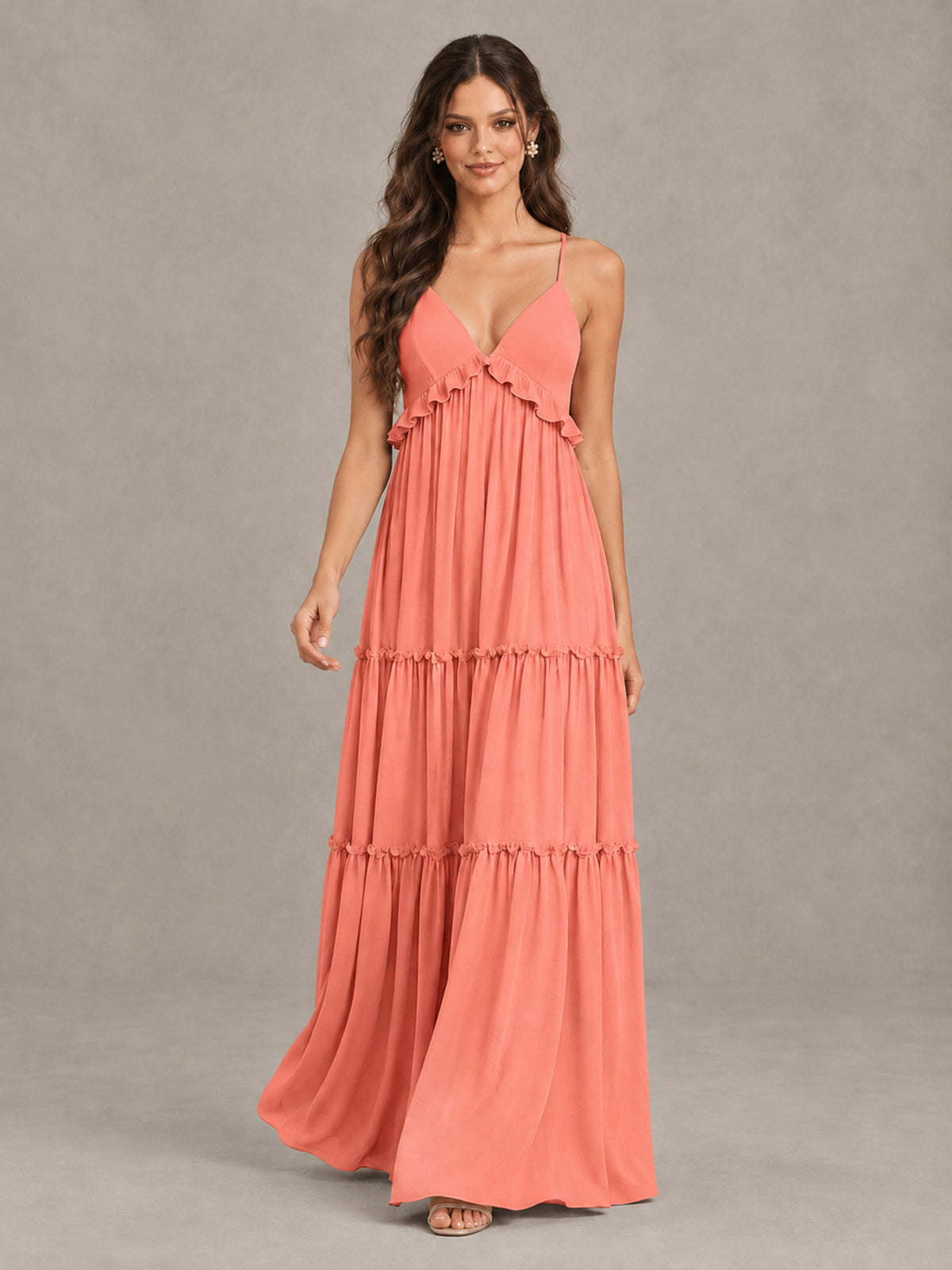 BOLODOO Coral Tiered V-Neck Lace-Up Back Bridesmaid Dress - Coral - Coral (4)