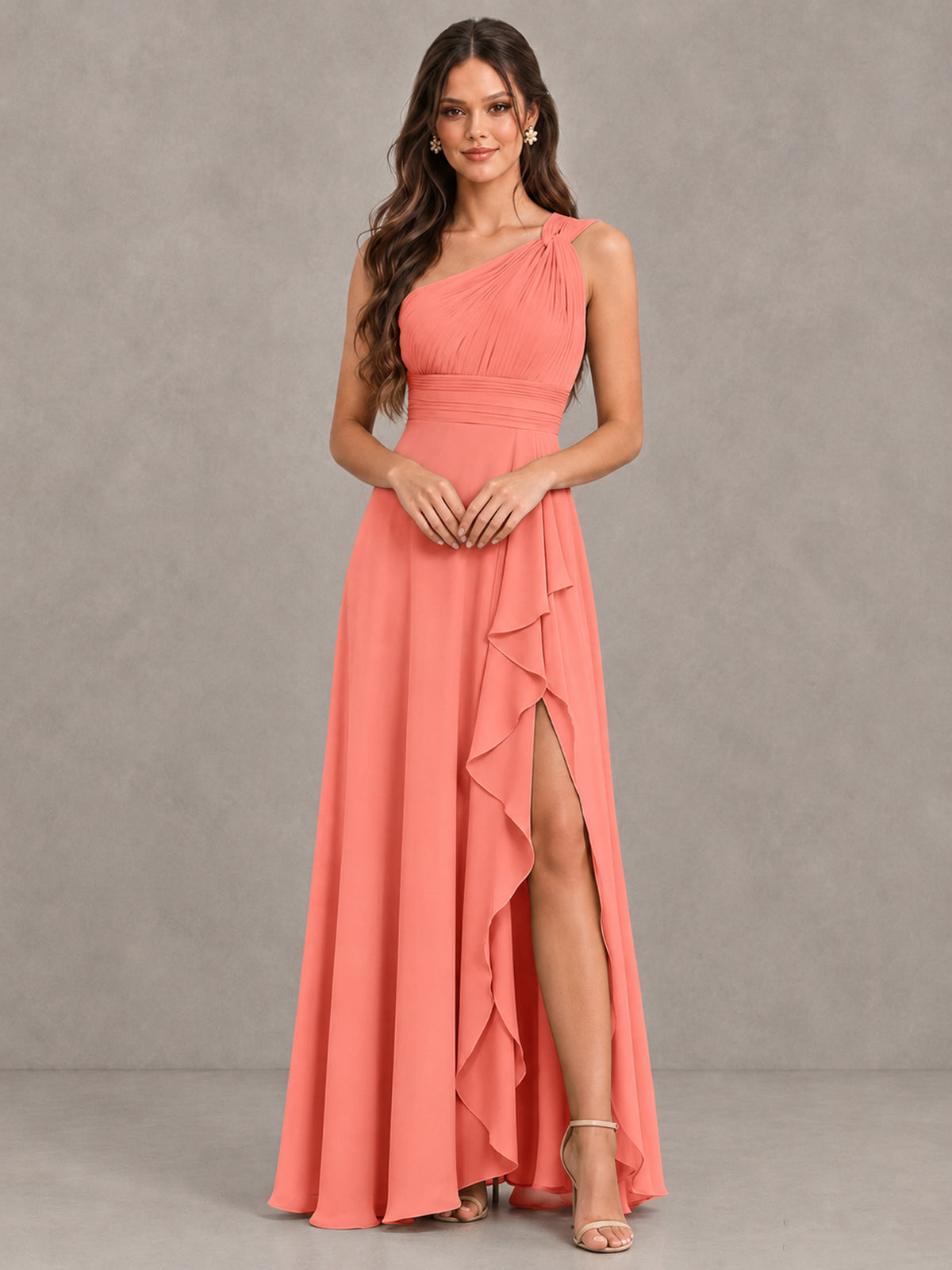 BOLODOO Coral One-Shoulder Ruffle Bridesmaid Dress with Slit - Coral - Coral (4)